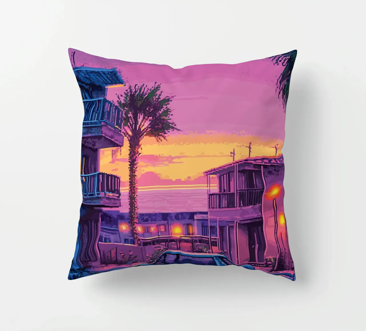 Paesaggio urbano retrò pixelato con tramonto e auto cuscino da Dreamyart