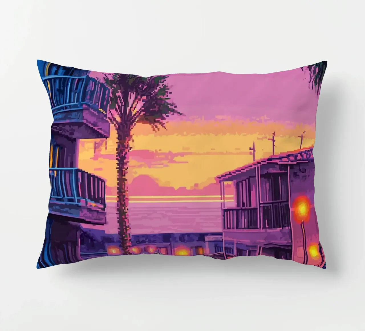 Paesaggio urbano retrò pixelato con tramonto e auto cuscino da Dreamyart