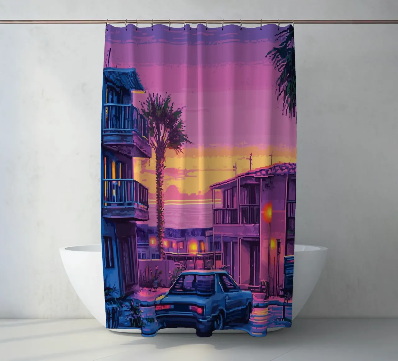 Paesaggio urbano retrò pixelato con tramonto e auto tenda da doccia da Dreamyart