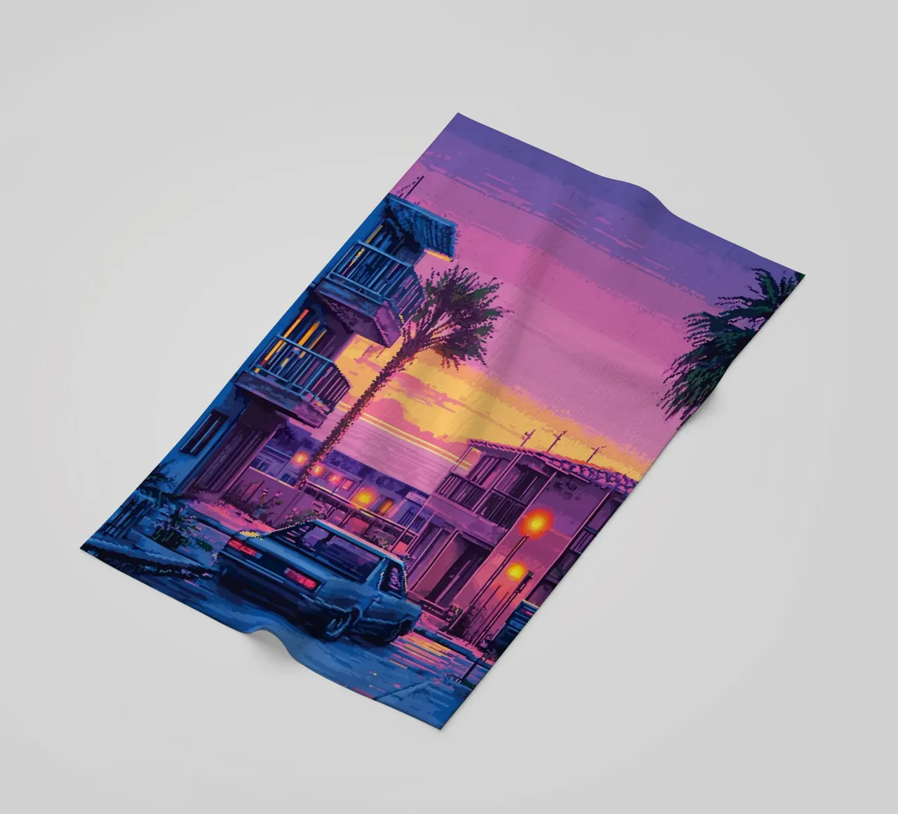 Paesaggio urbano retrò pixelato con tramonto e auto telo mare da Dreamyart