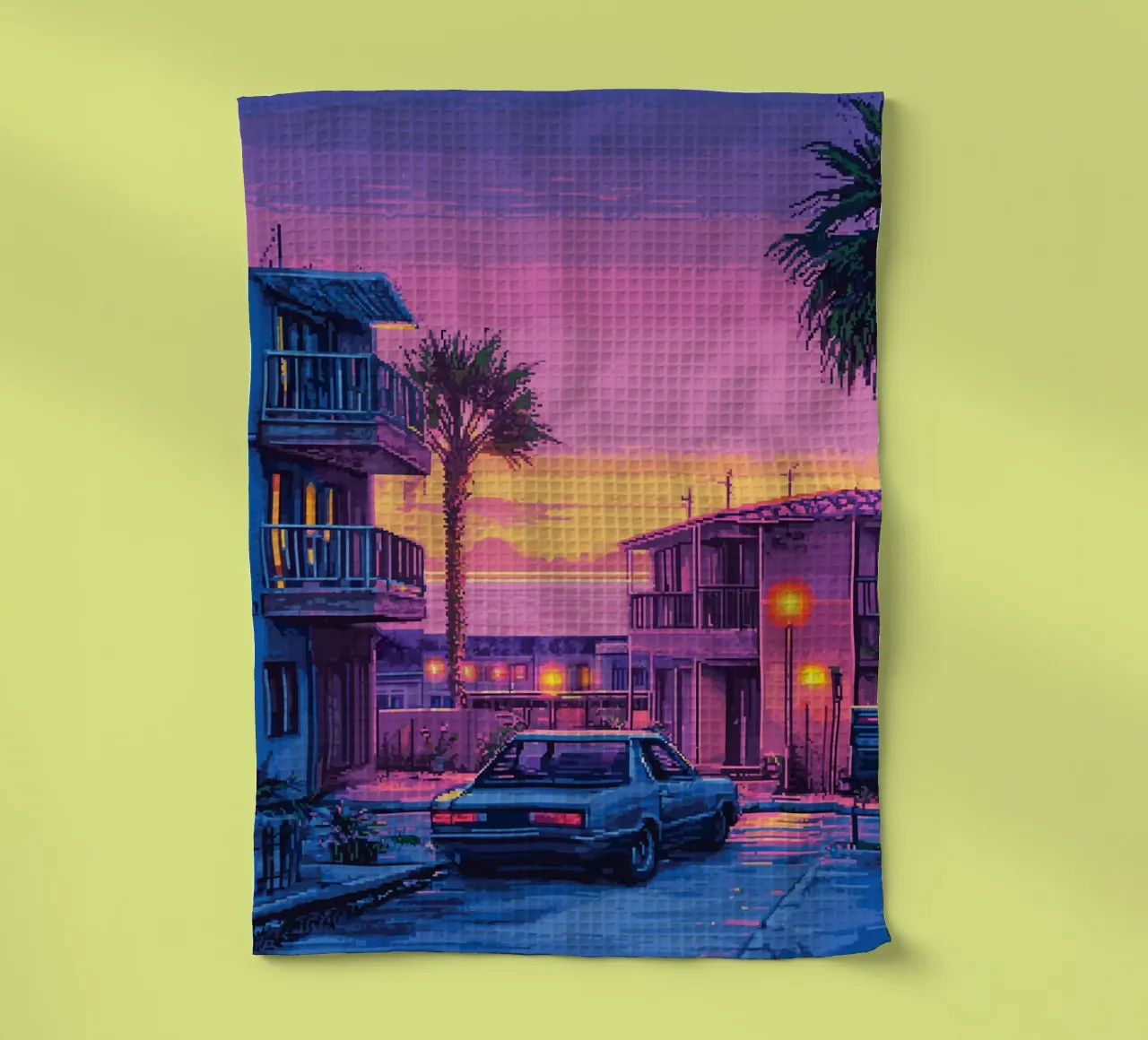 Paesaggio urbano retrò pixelato con tramonto e auto canovaccio da cucina da Dreamyart