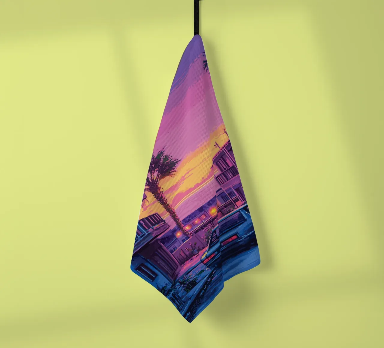 Paesaggio urbano retrò pixelato con tramonto e auto canovaccio da cucina da Dreamyart