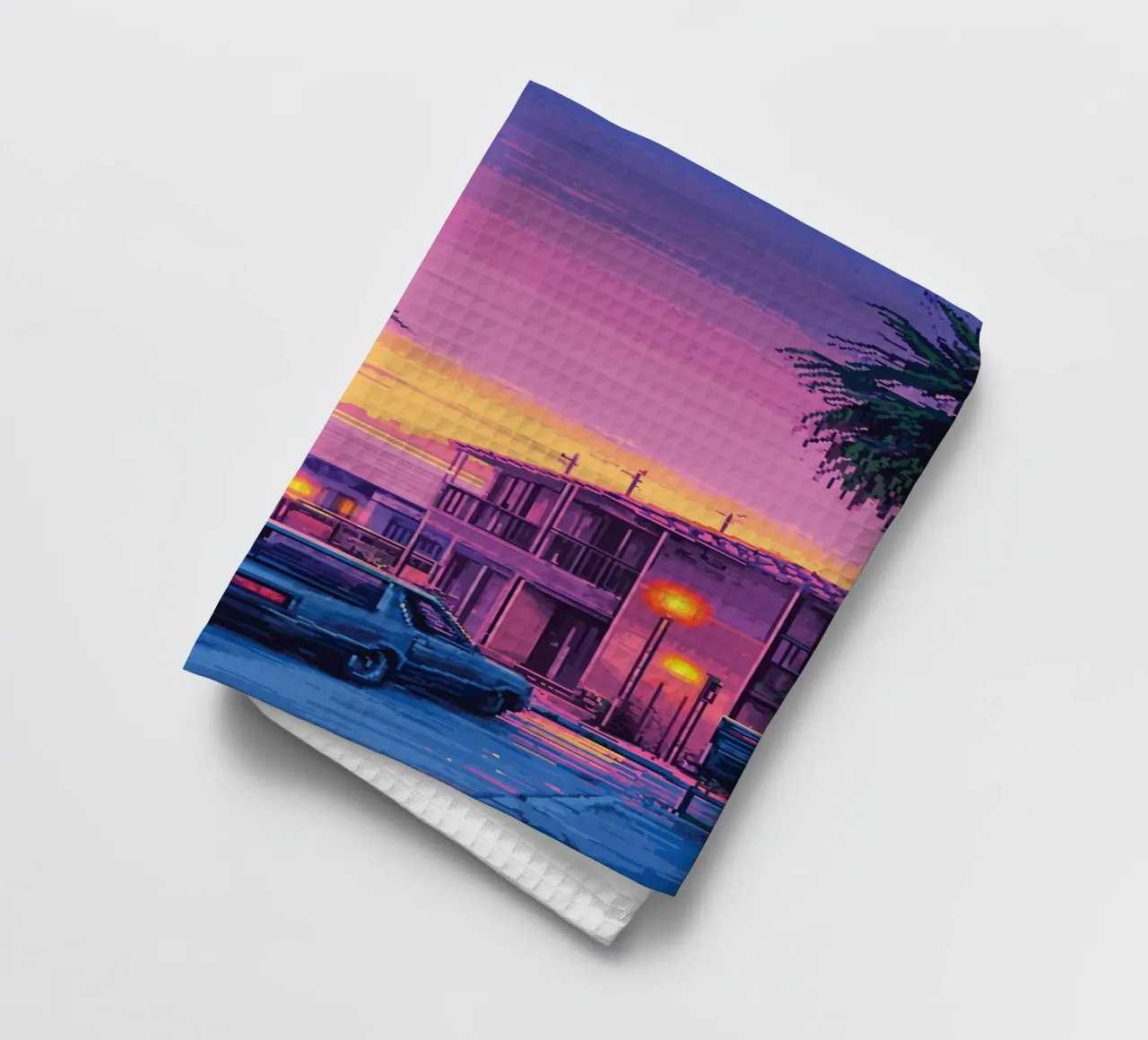Paesaggio urbano retrò pixelato con tramonto e auto canovaccio da cucina da Dreamyart