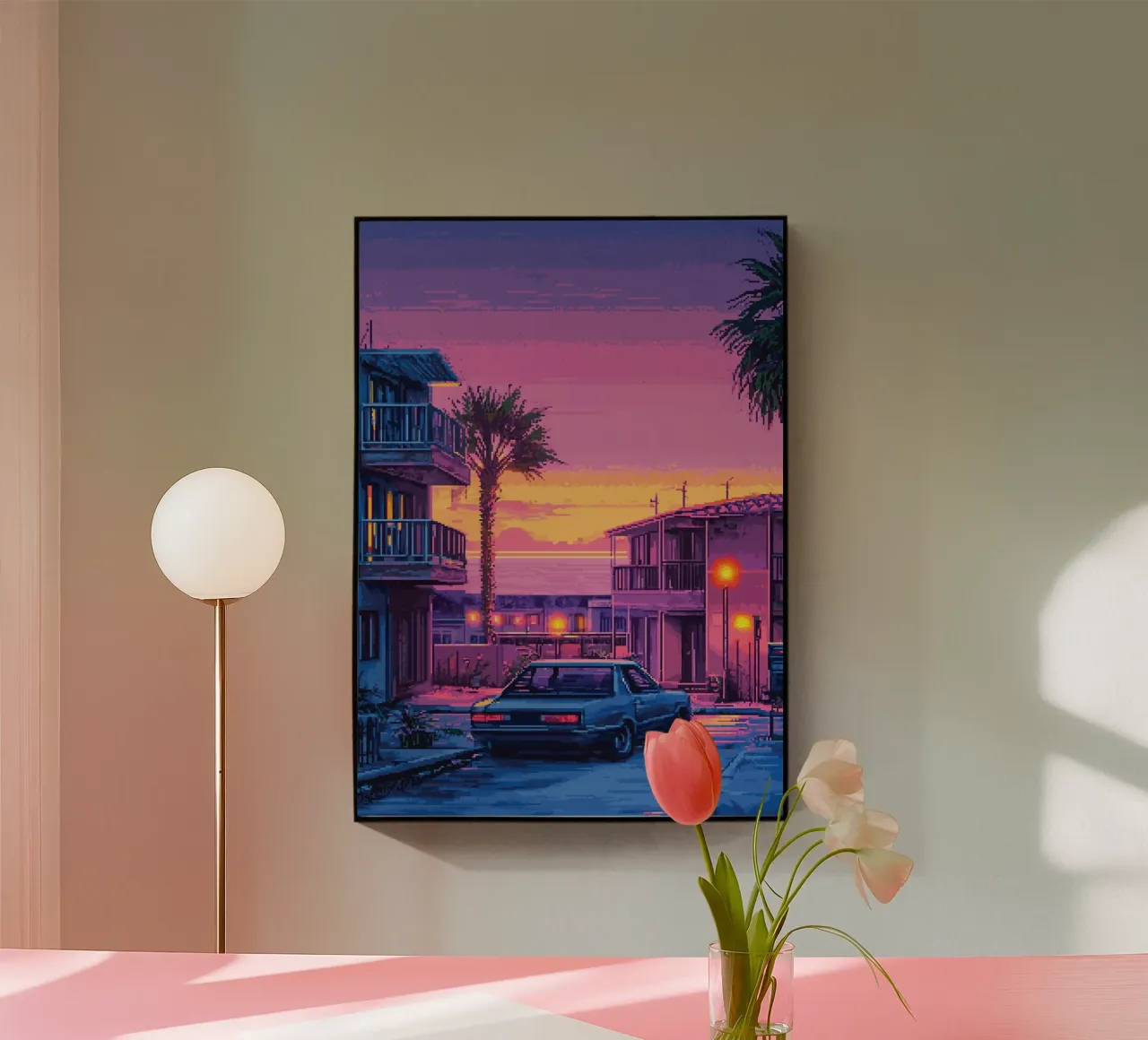 Paesaggio urbano retrò pixelato con tramonto e auto plexiglass da Dreamyart