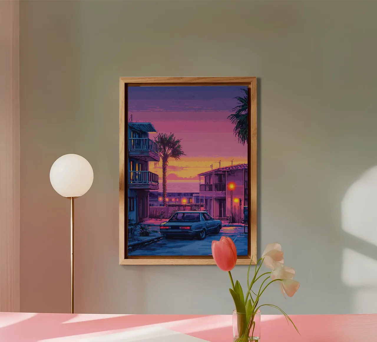 Paesaggio urbano retrò pixelato con tramonto e auto alluminio dibond da Dreamyart