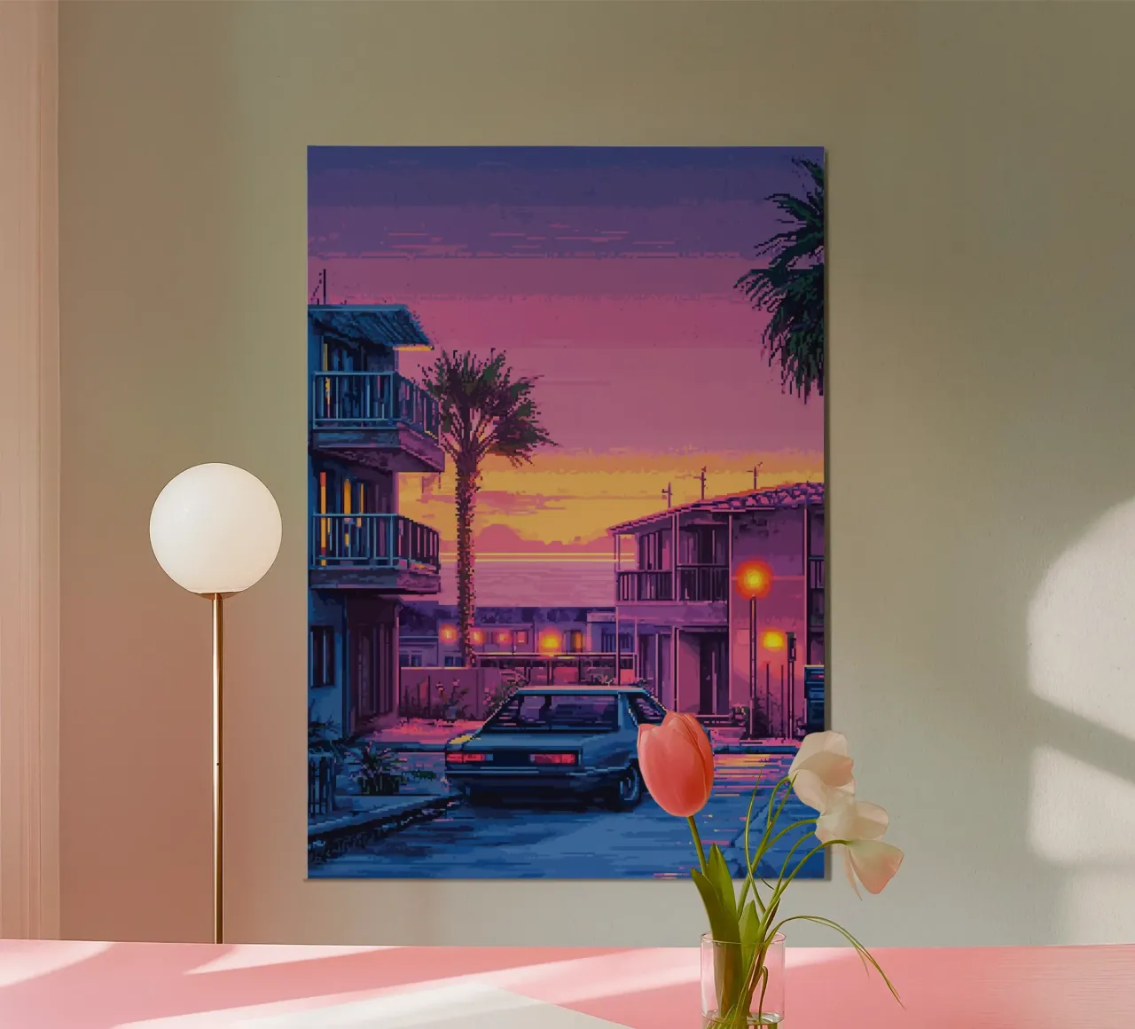 Paesaggio urbano retrò pixelato con tramonto e auto alluminio dibond da Dreamyart