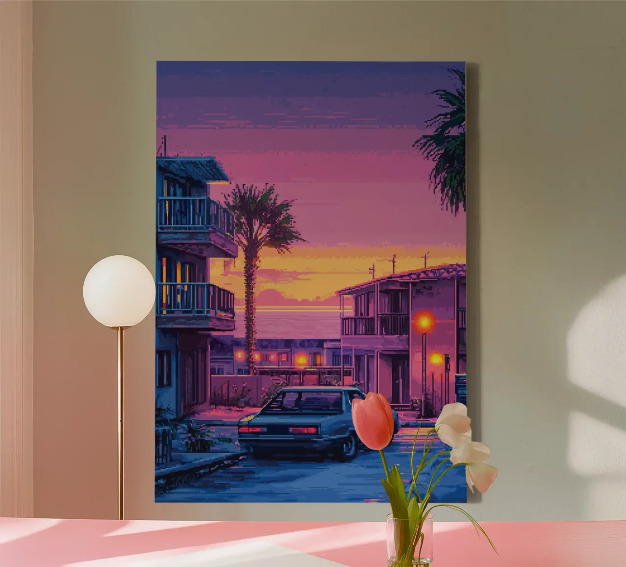 Retro gepixeleerd stadsgezicht met zonsondergang en auto canvas van Dreamyart