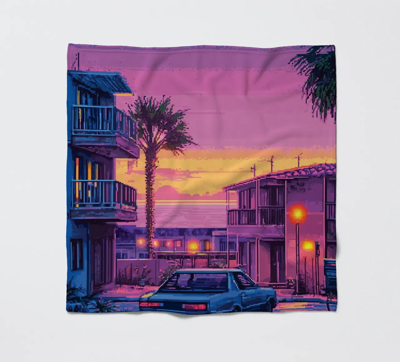 Paesaggio urbano retrò pixelato con tramonto e auto coperta in pile da Dreamyart