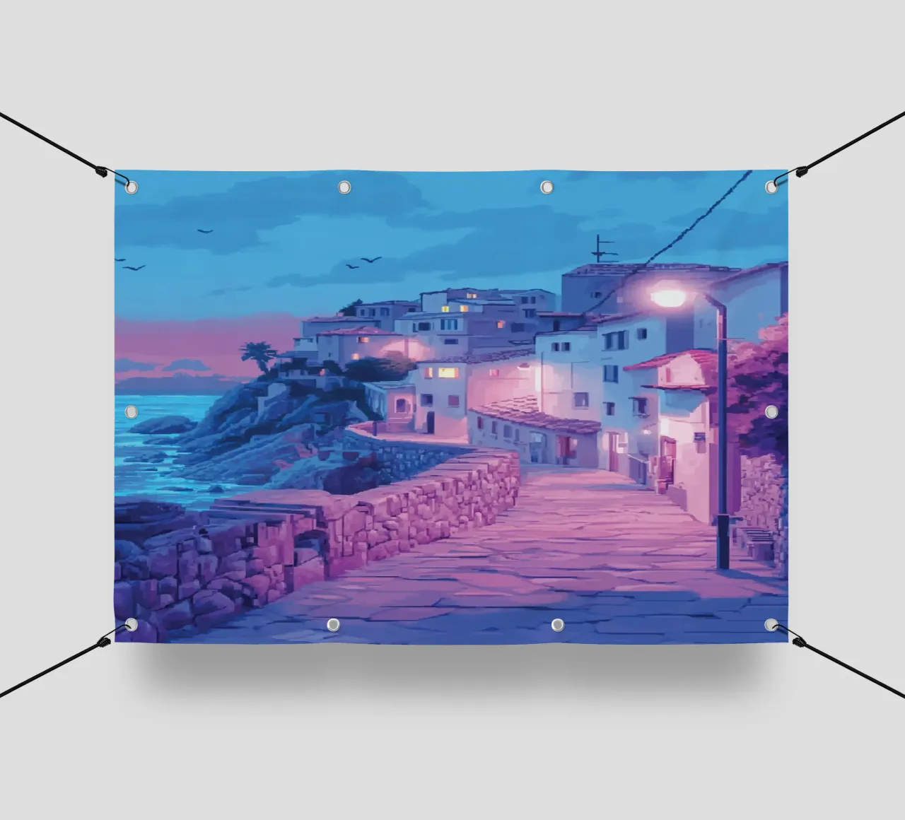 Romantic Sunset Over Coastal Town Street pvc cover by Dreamyart