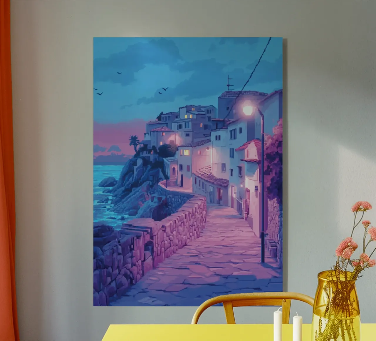 Romantic Sunset Over Coastal Town Street acrylic glass by Dreamyart