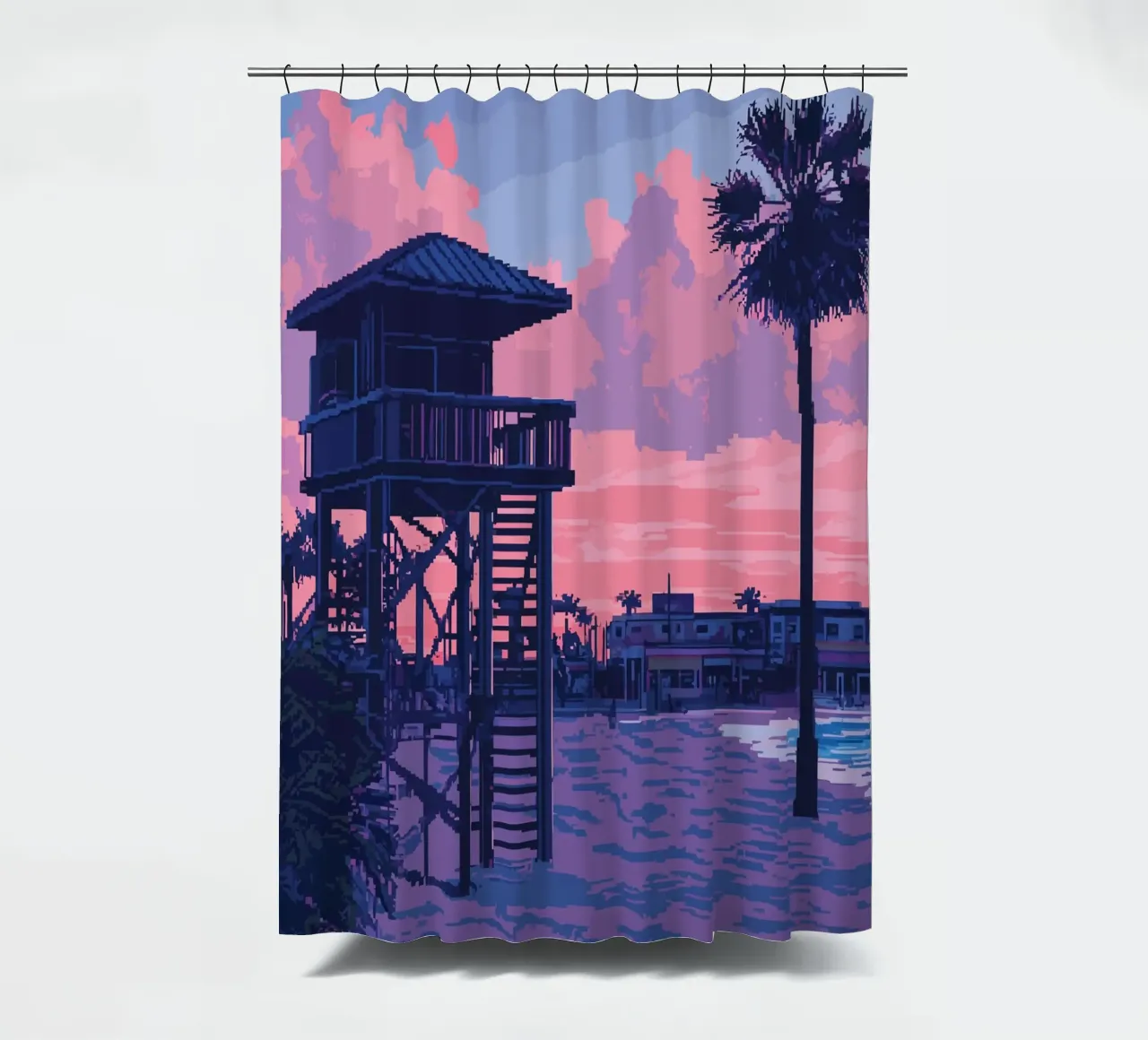 Pixel Art Sunset Beach shower curtain by Dreamyart