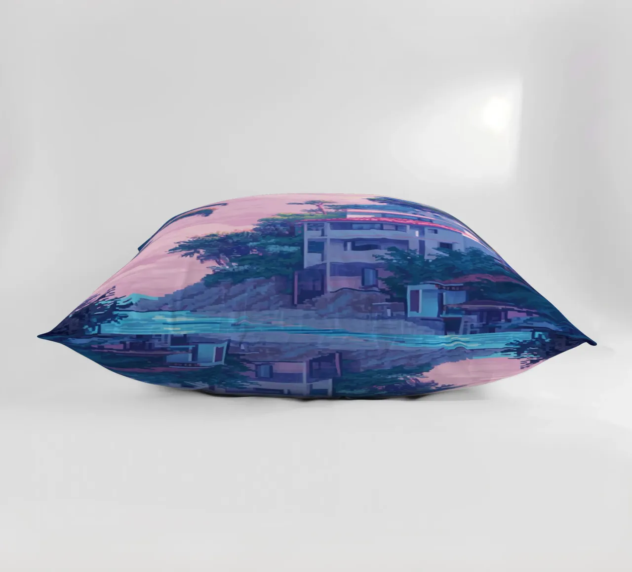 Case sulla spiaggia tropicale con cielo al tramonto cuscino da Dreamyart