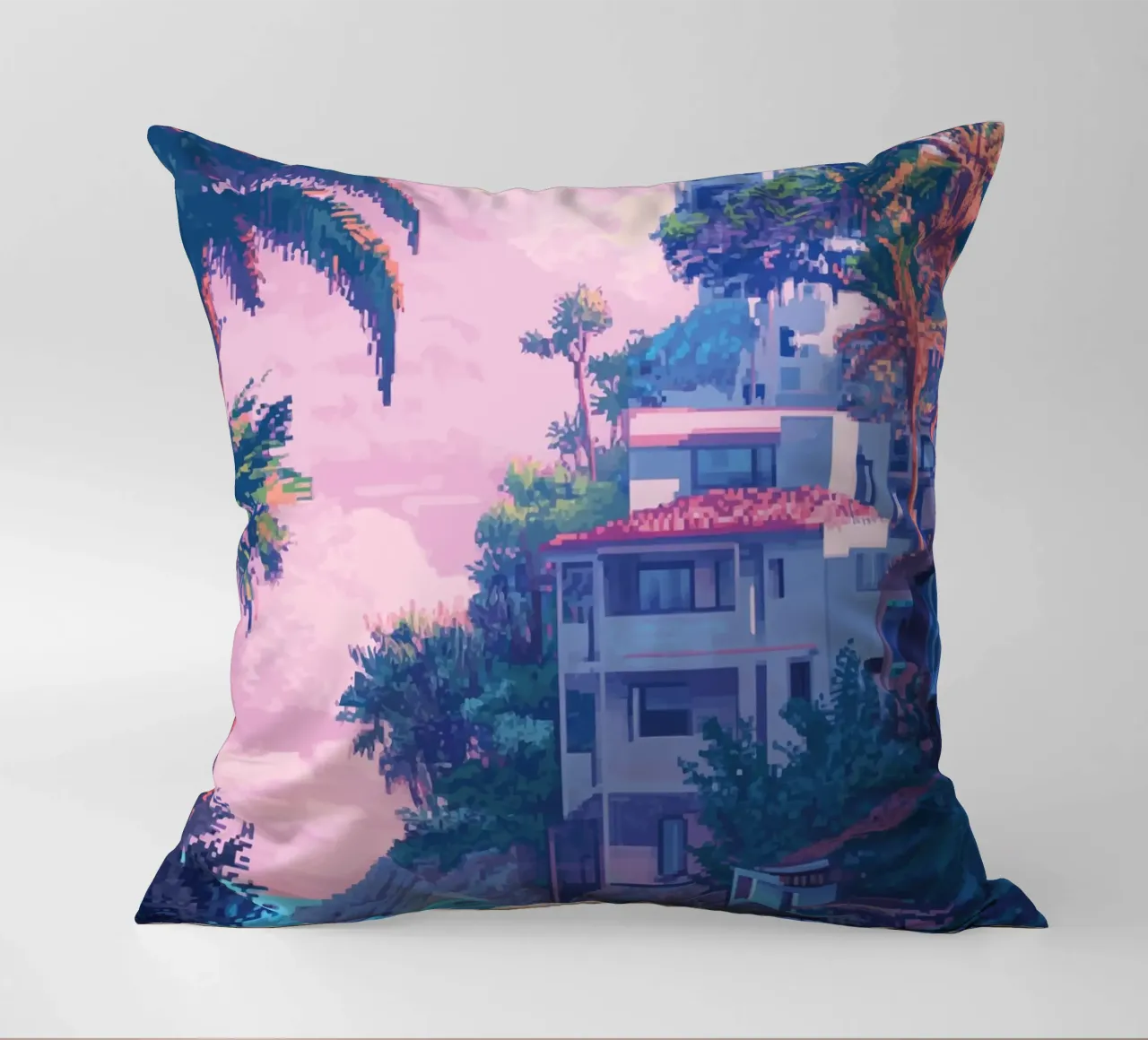 Case sulla spiaggia tropicale con cielo al tramonto cuscino da Dreamyart