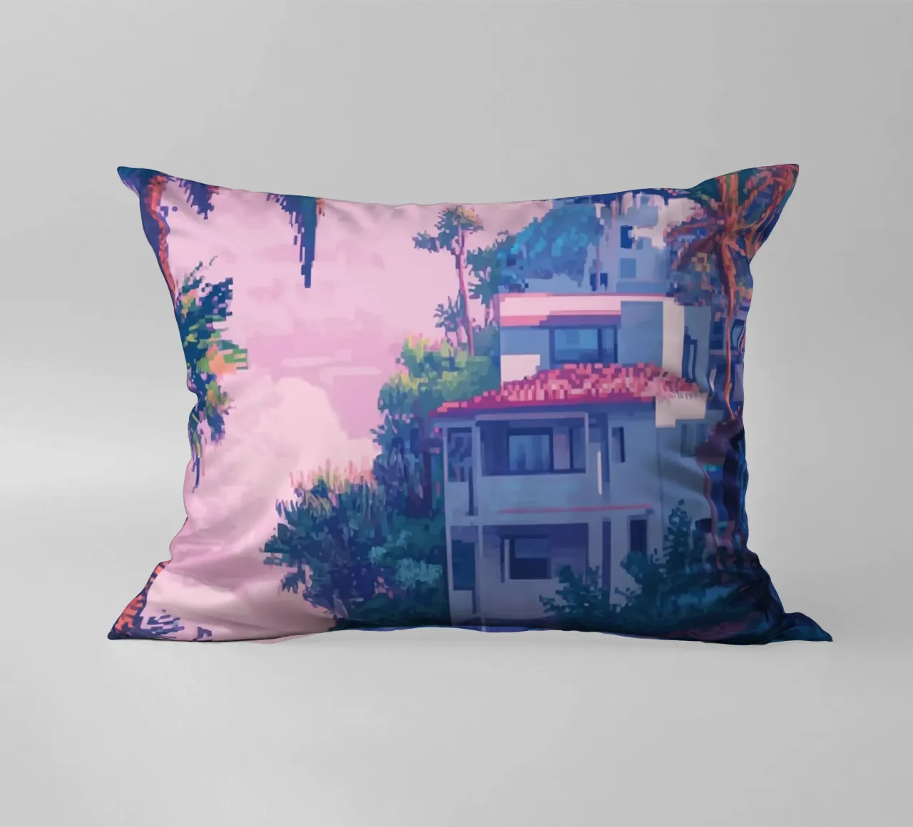 Case sulla spiaggia tropicale con cielo al tramonto cuscino da Dreamyart