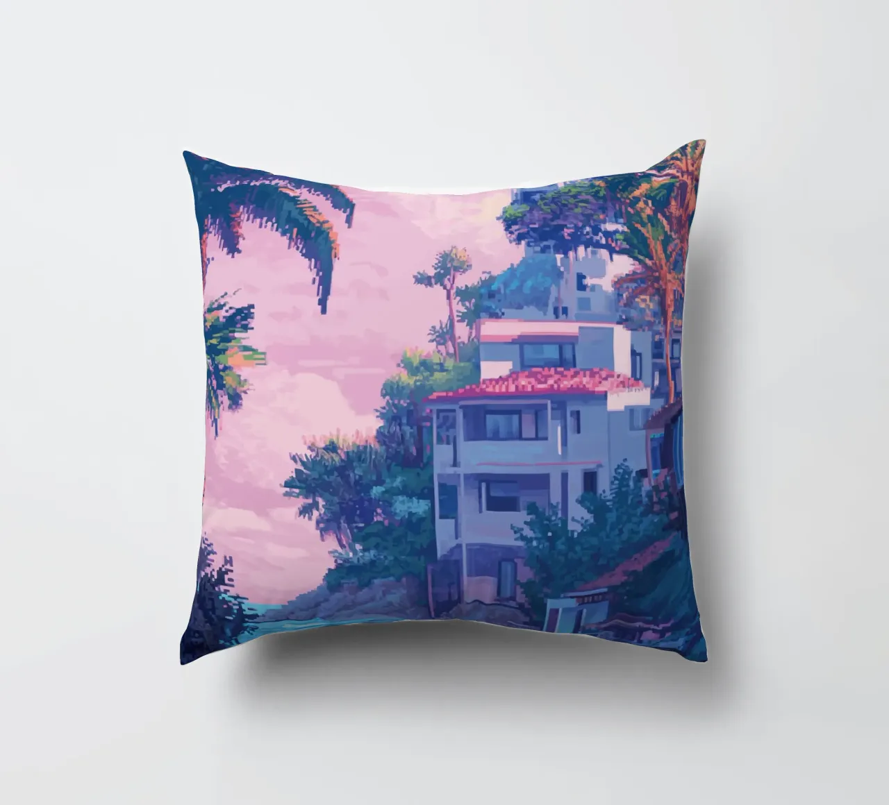 Case sulla spiaggia tropicale con cielo al tramonto cuscino da Dreamyart