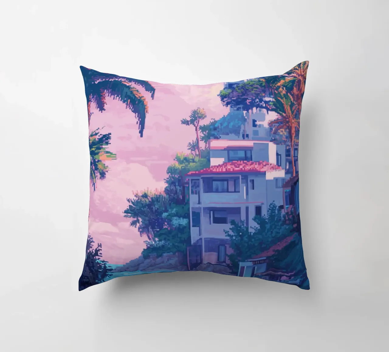 Case sulla spiaggia tropicale con cielo al tramonto cuscino da Dreamyart