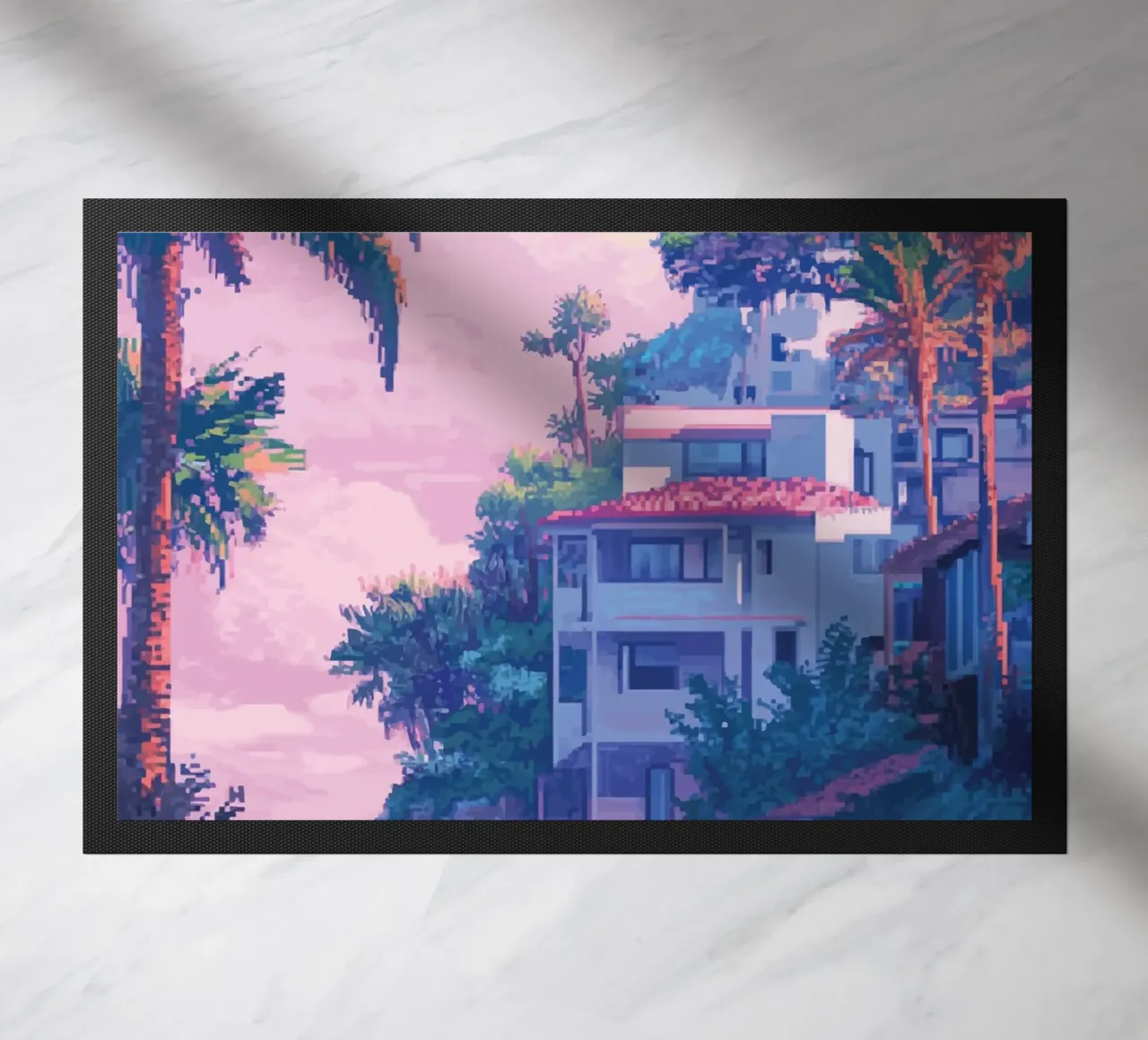 Case sulla spiaggia tropicale con cielo al tramonto zerbino da Dreamyart