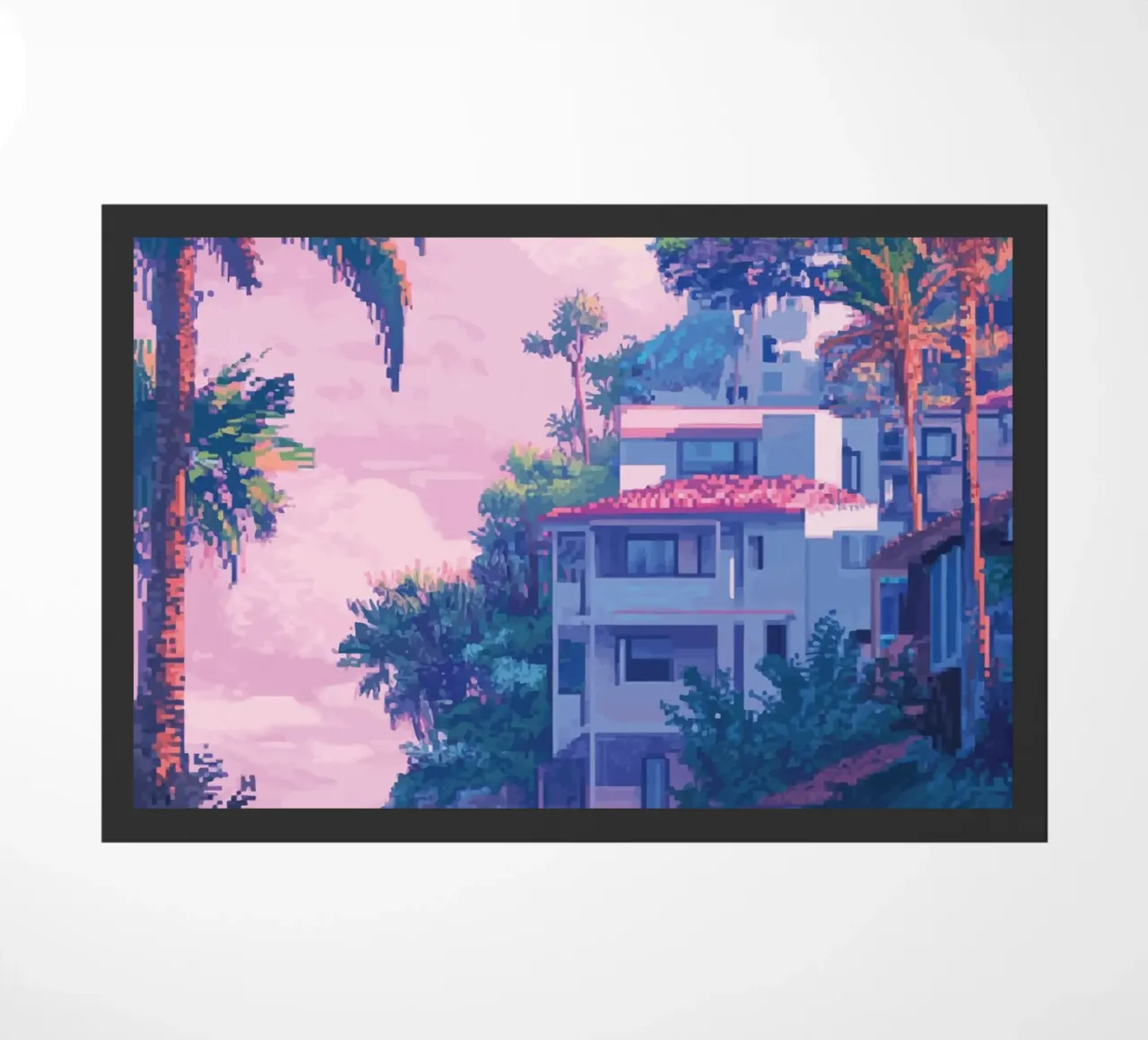 Case sulla spiaggia tropicale con cielo al tramonto zerbino da Dreamyart