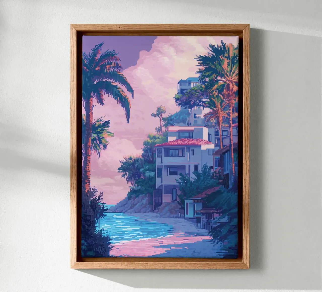 Tropische Strandhäuser mit Sonnenuntergangshimmel Leinwand mit Schattenfugenrahmen von Dreamyart
