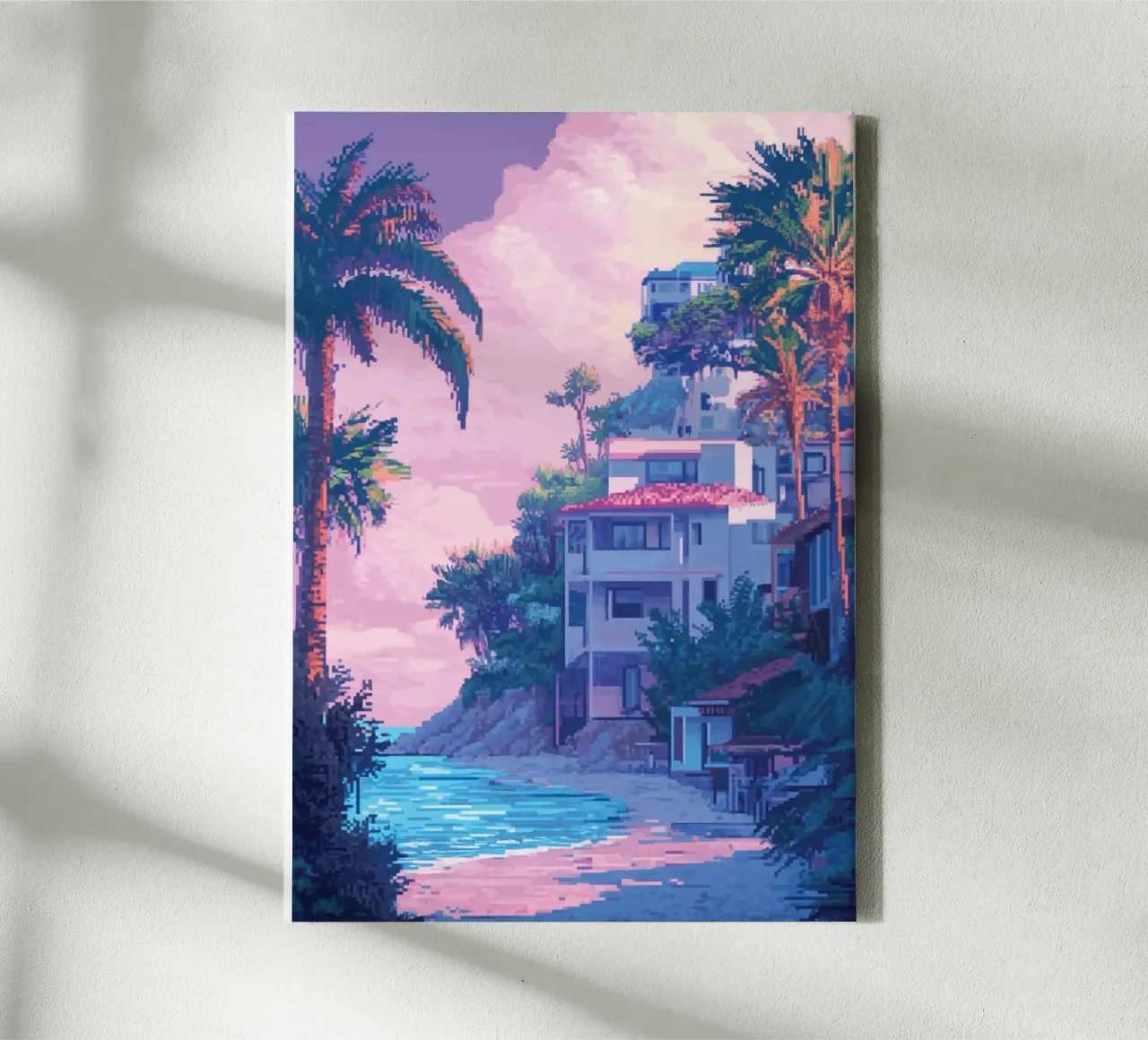Tropische Strandhäuser mit Sonnenuntergangshimmel Leinwand mit Schattenfugenrahmen von Dreamyart