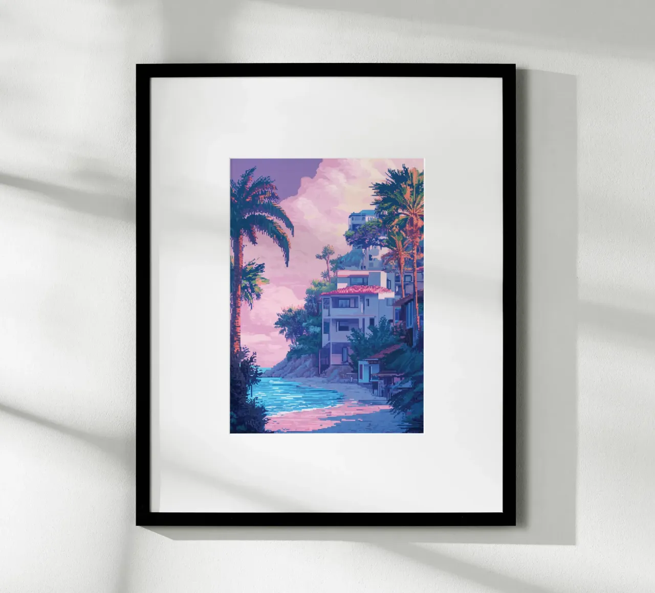 Case sulla spiaggia tropicale con cielo al tramonto poster con telaio in plastica da Dreamyart