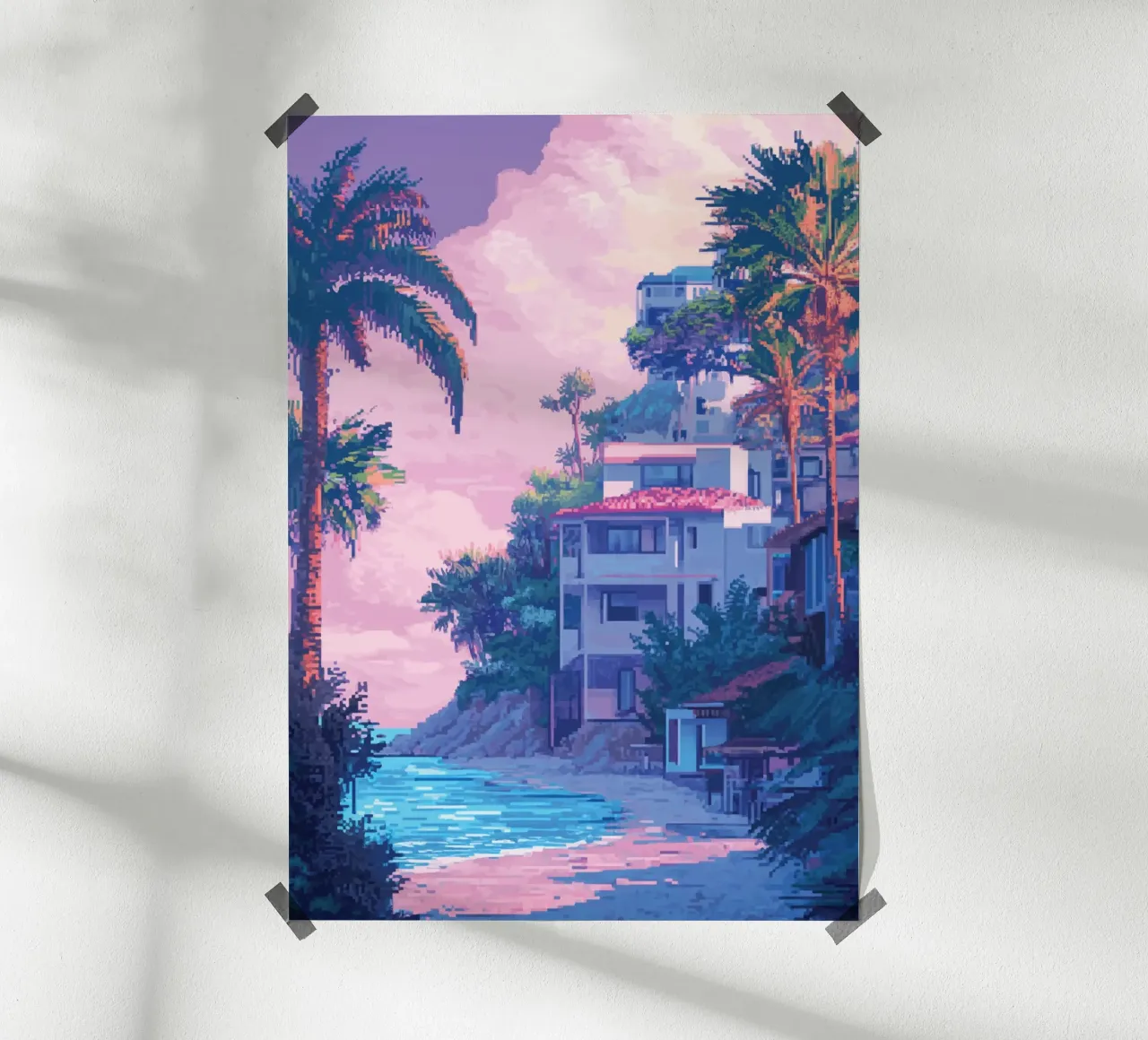 Case sulla spiaggia tropicale con cielo al tramonto poster con telaio in plastica da Dreamyart