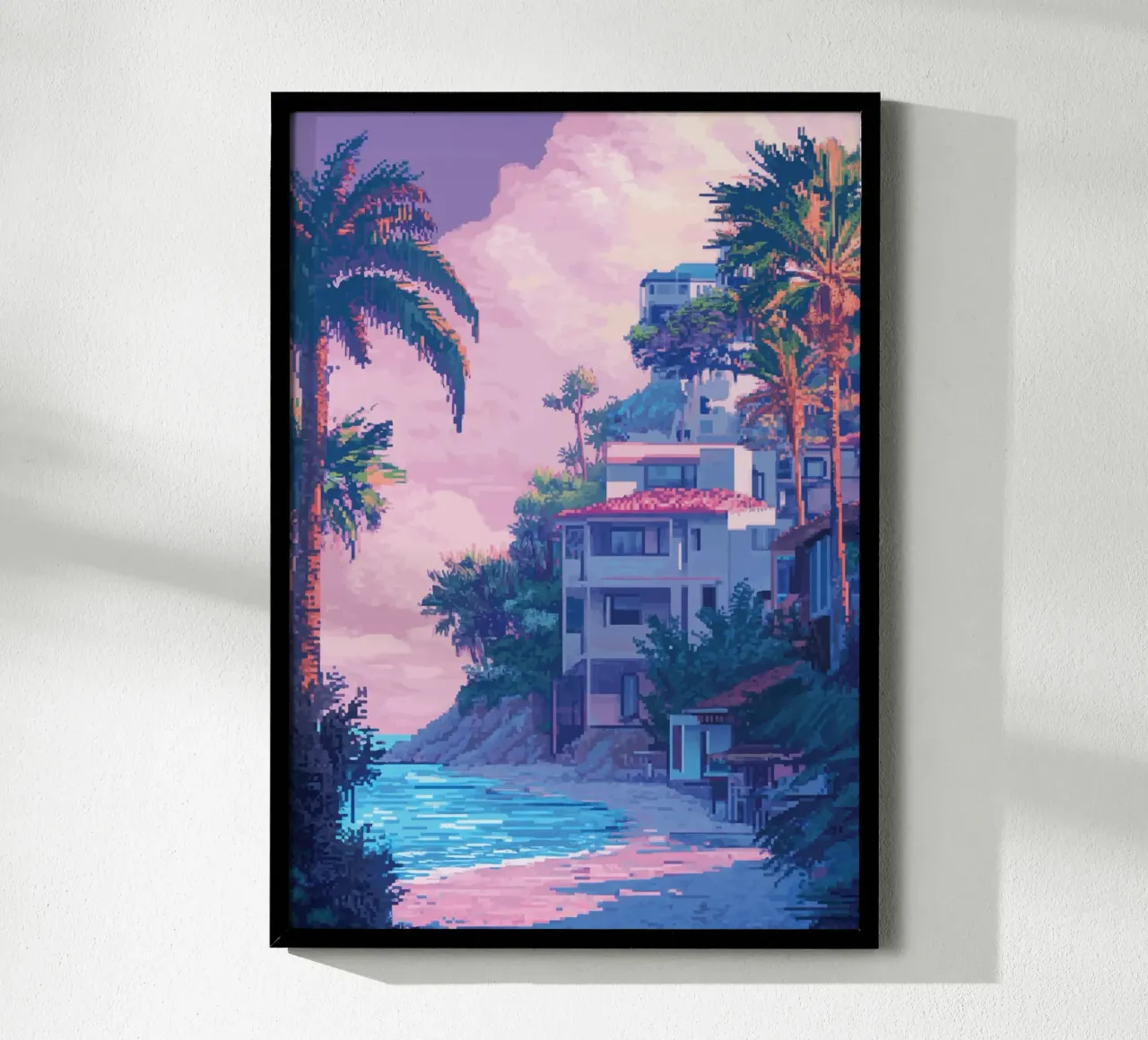 Case sulla spiaggia tropicale con cielo al tramonto poster con telaio in plastica da Dreamyart