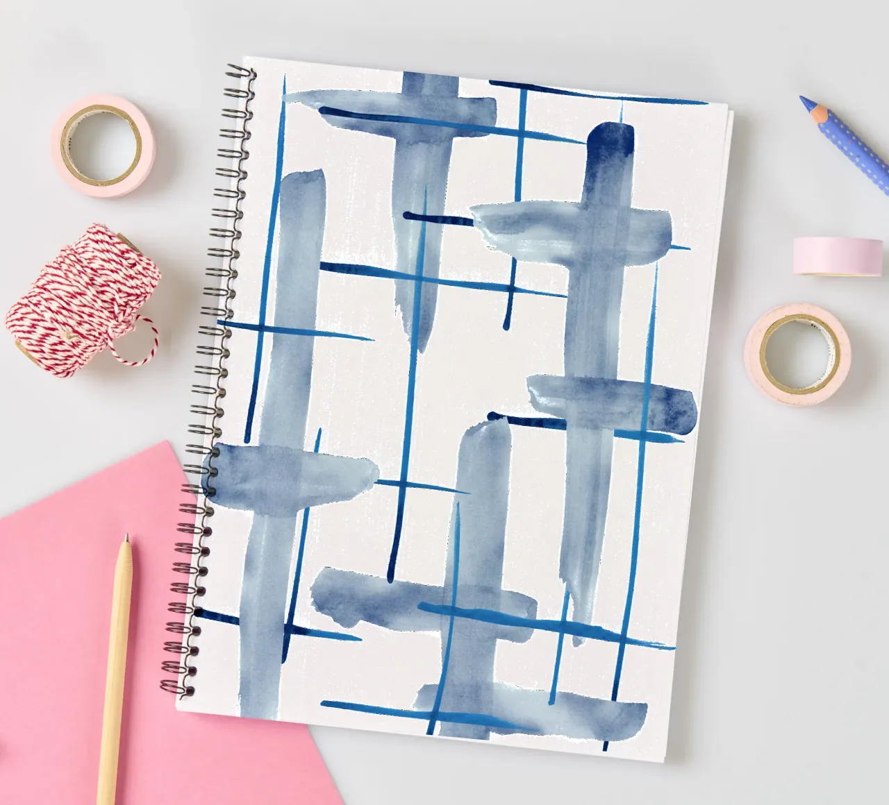 Abstract Lines Blue and White 05 spiral notebook by amini54