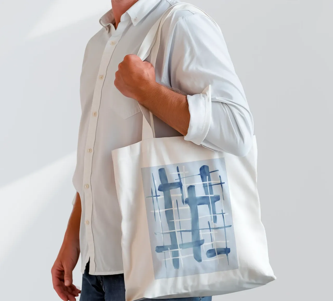 Linee astratte blu e bianche 07 borsa in juta da amini54