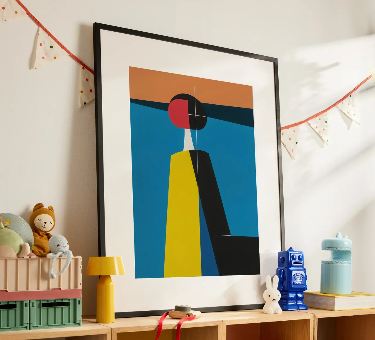 Silhouette astratta al tramonto poster con telaio in alluminio da Geometric