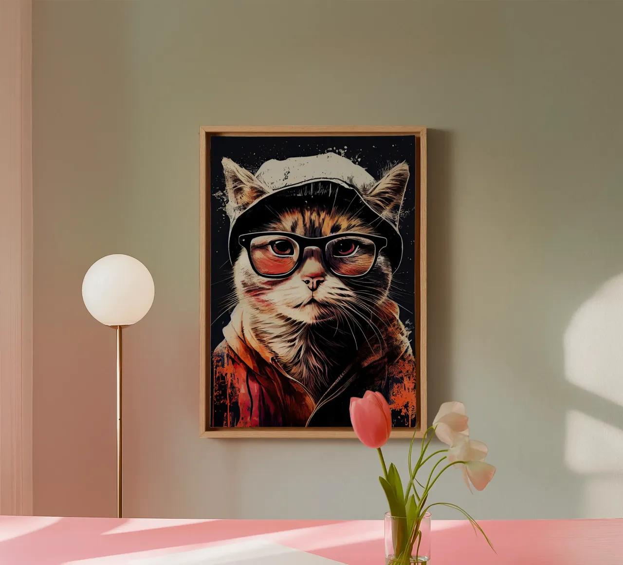 Hipster Katze Ruby Tierkunst Leinwand mit Schattenfugenrahmen von Justyna Jaszke JBJart