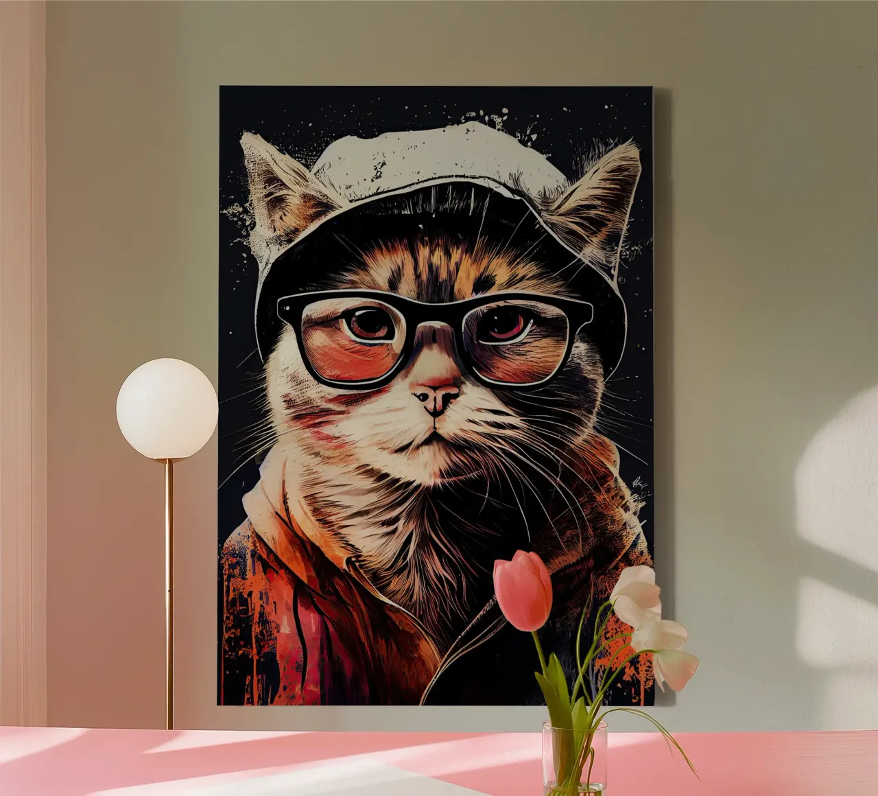 Hipster Katze Ruby Tierkunst Leinwand mit Schattenfugenrahmen von Justyna Jaszke JBJart