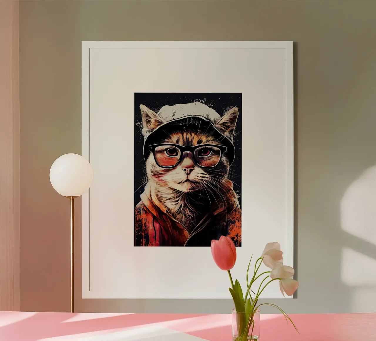 Hipster Katze Ruby Tierkunst Poster mit Holzrahmen von Justyna Jaszke JBJart