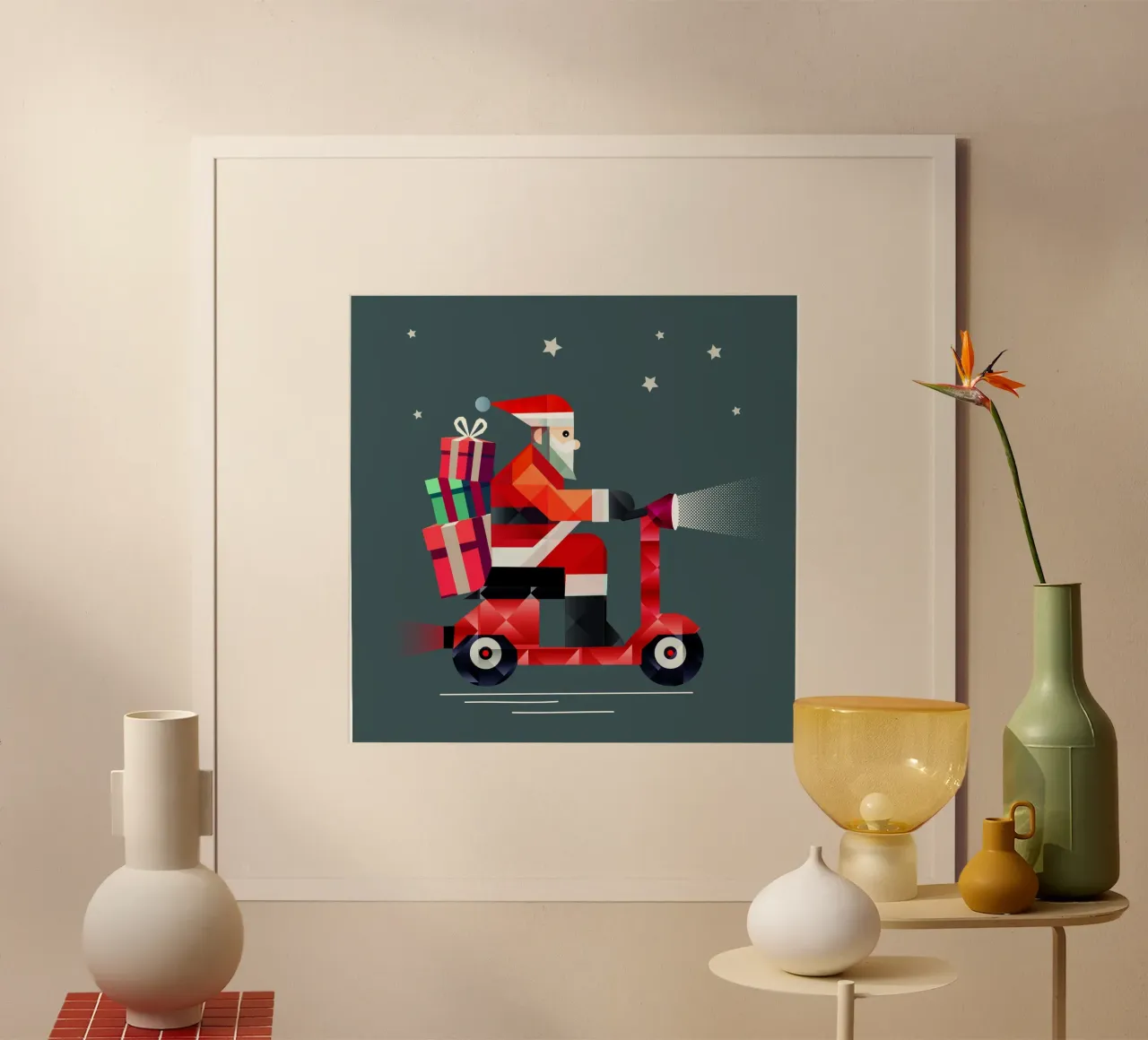 Babbo Natale consegna i regali su un elegante scooter poster da namosh