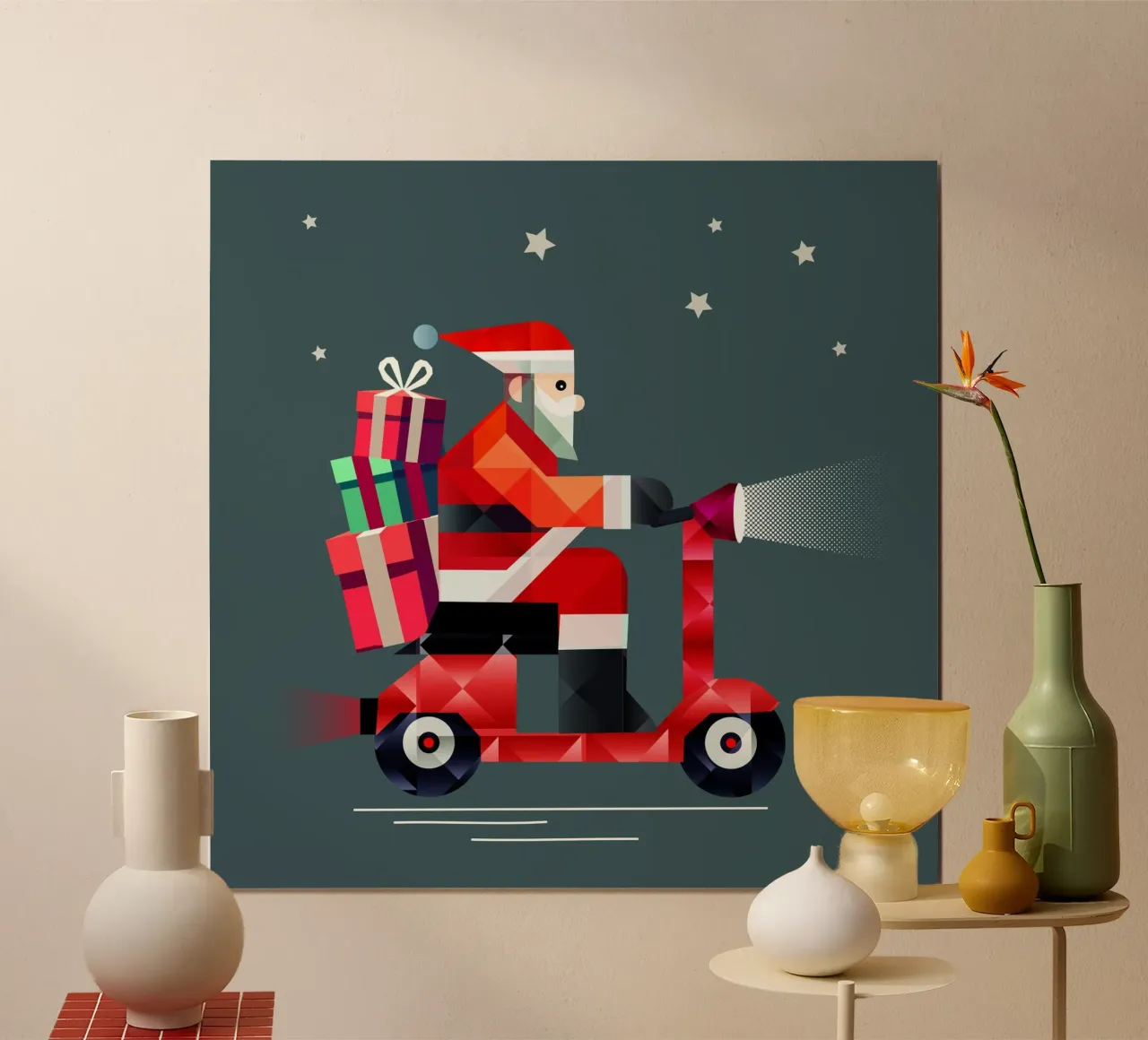Babbo Natale consegna i regali su un elegante scooter poster da namosh
