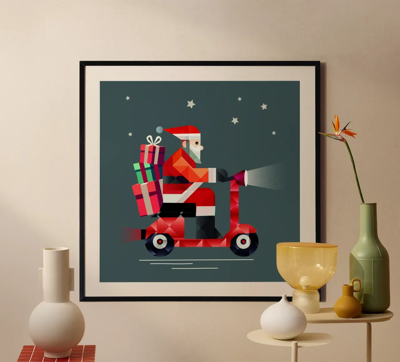 Babbo Natale consegna i regali su un elegante scooter poster da namosh