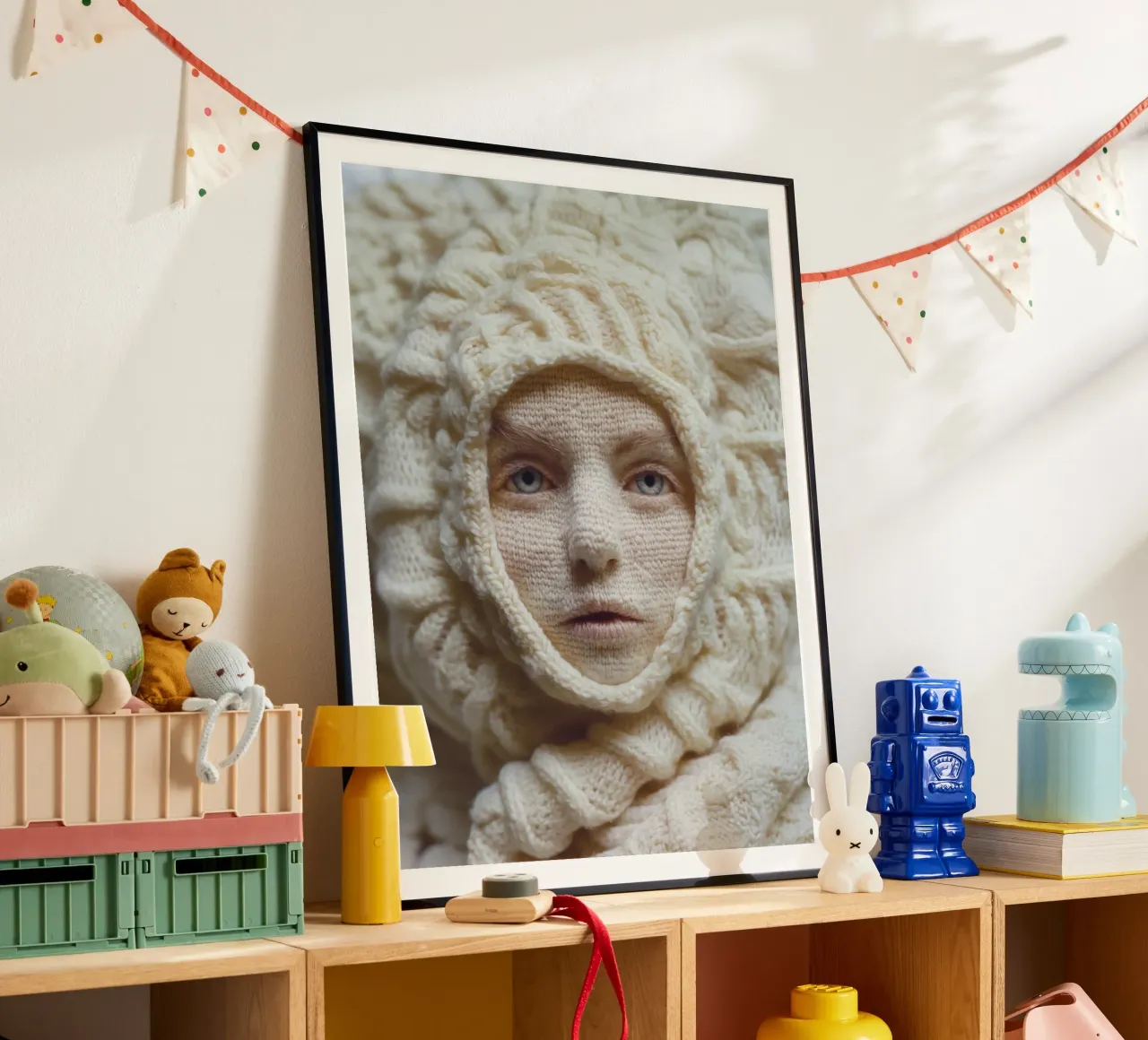 Gestricktes Frauen-Portrait | Surreale Textil-Metamorphose Poster von Autofocus