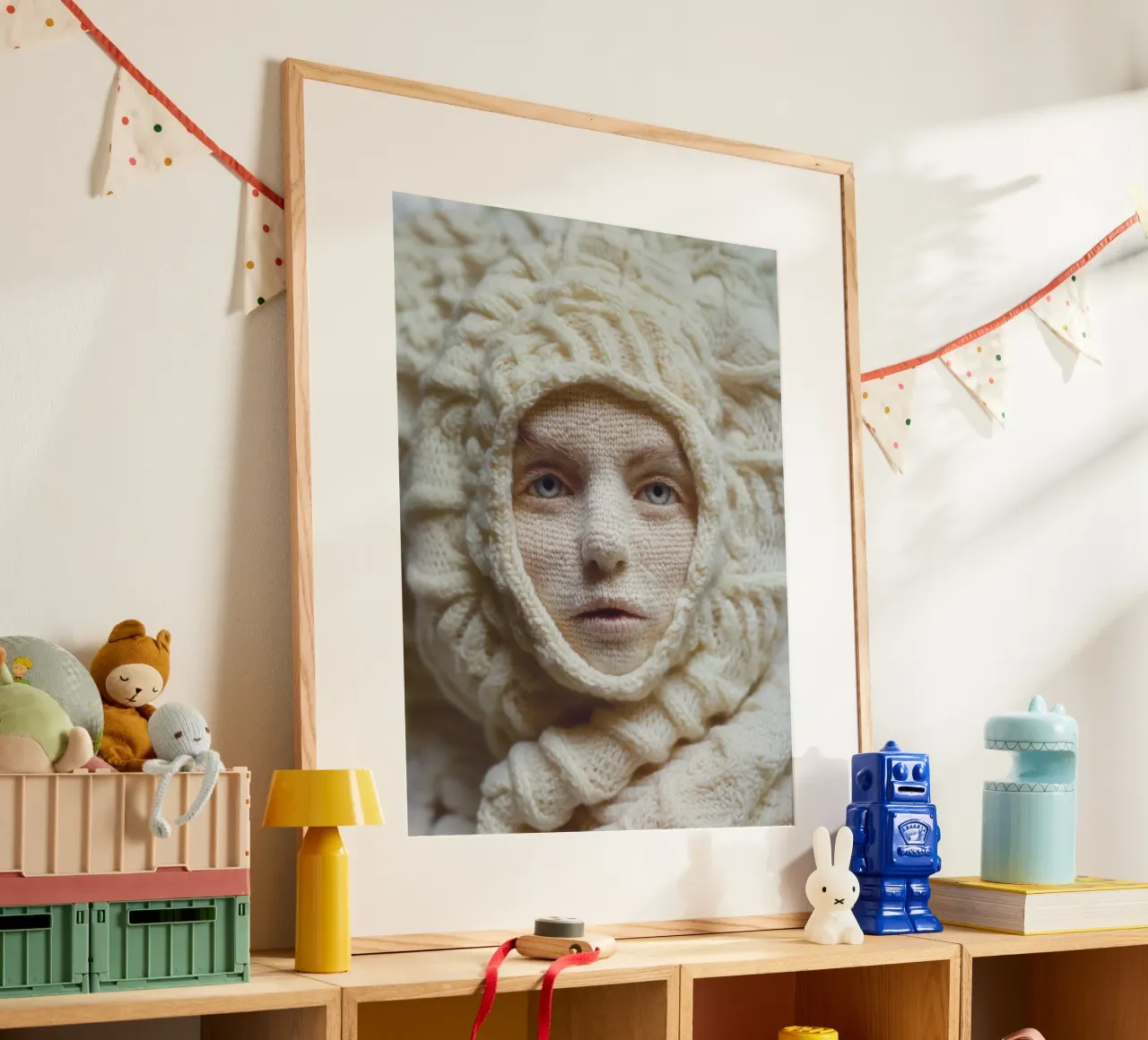 Gestricktes Frauen-Portrait | Surreale Textil-Metamorphose Poster von Autofocus