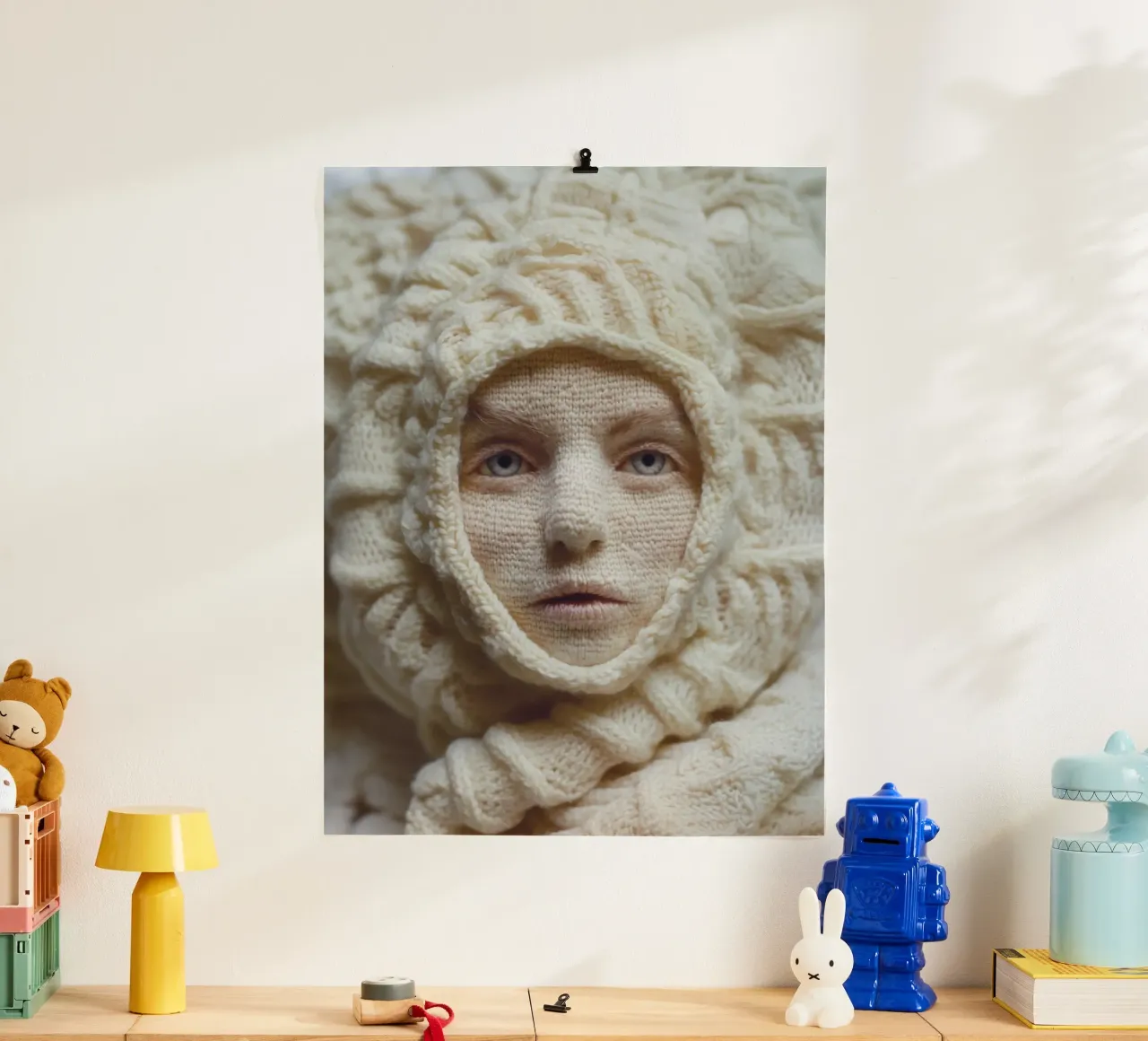 Gestricktes Frauen-Portrait | Surreale Textil-Metamorphose Poster von Autofocus