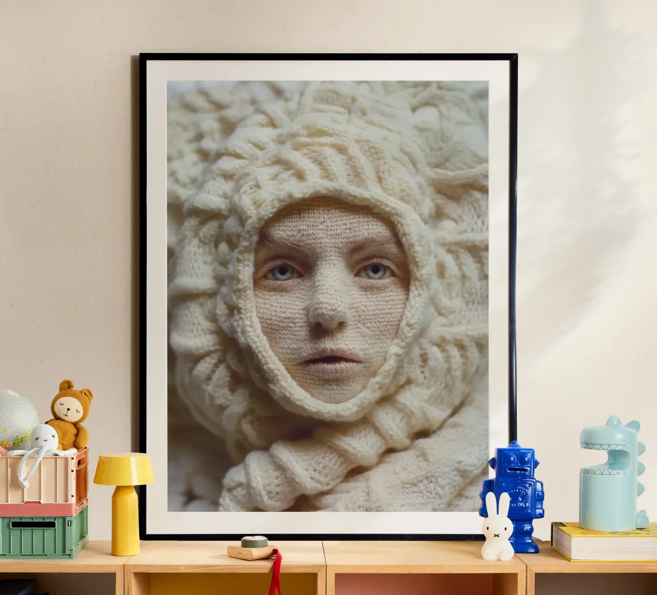 Gestricktes Frauen-Portrait | Surreale Textil-Metamorphose Poster von Autofocus