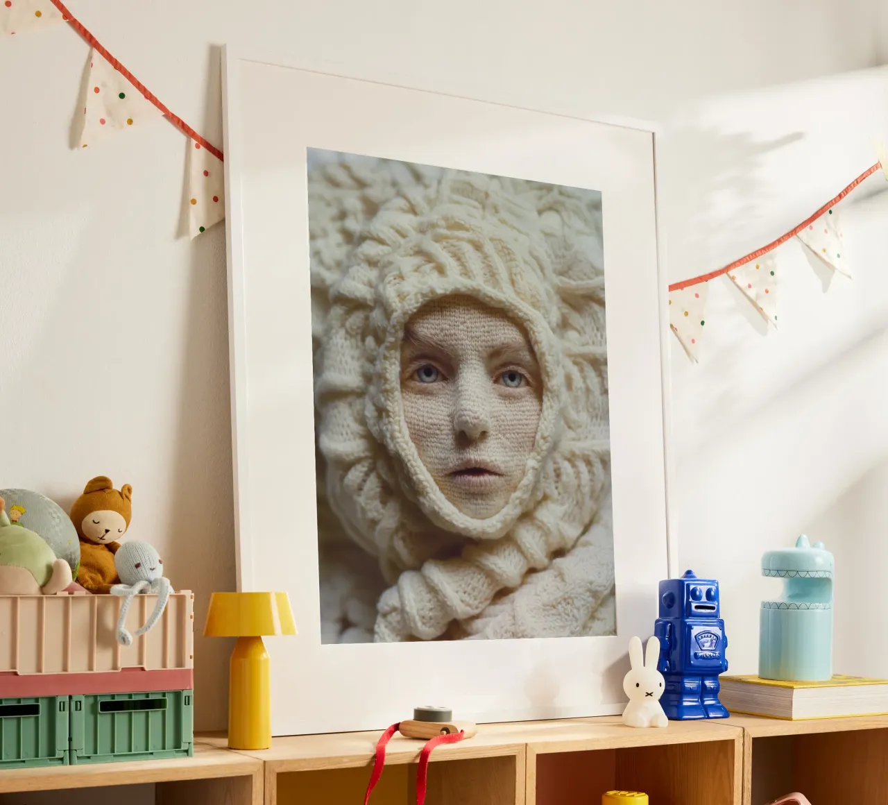 Gestricktes Frauen-Portrait | Surreale Textil-Metamorphose Poster von Autofocus