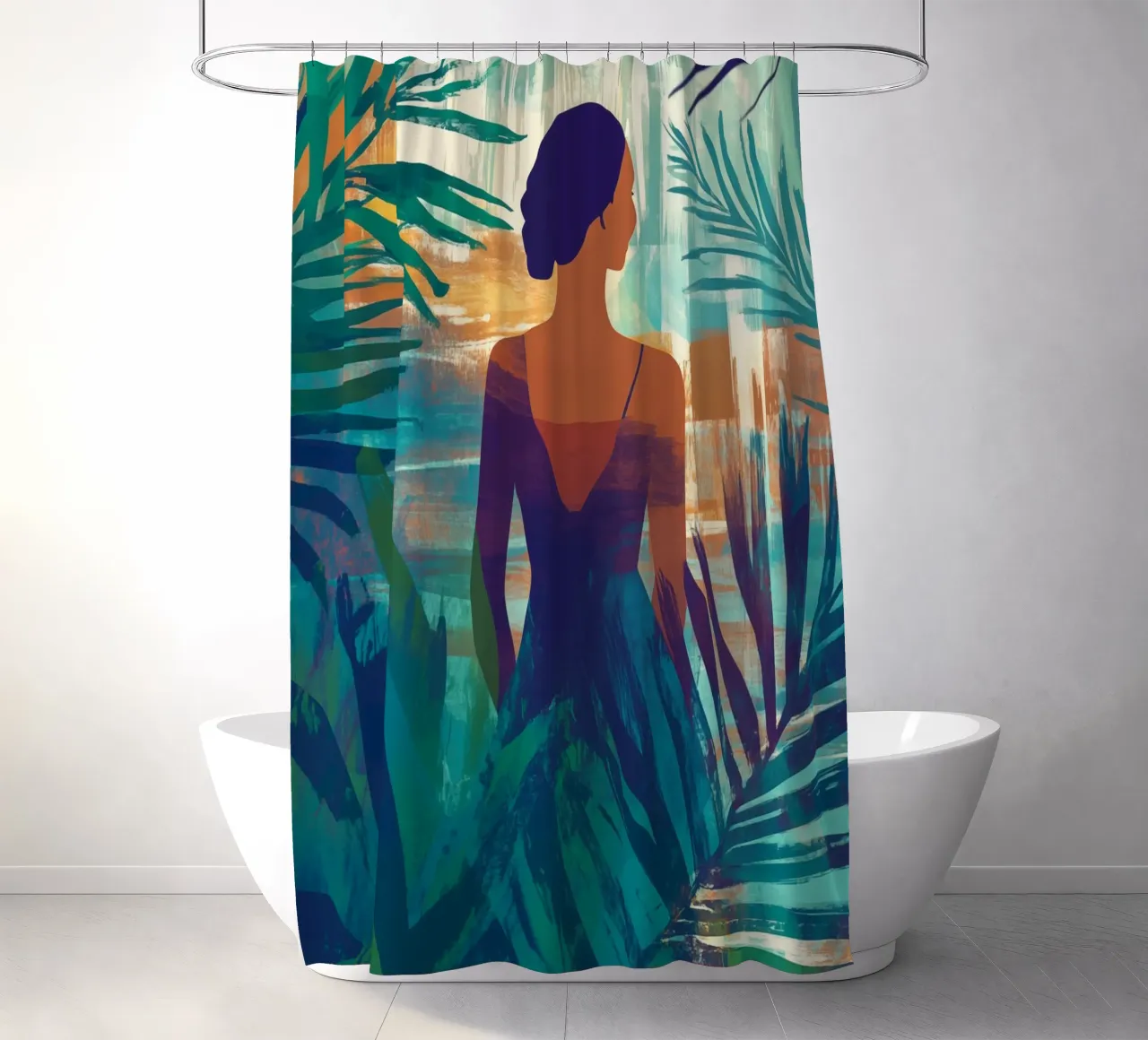 Donna nel paradiso tropicale tenda da doccia da Autofocus