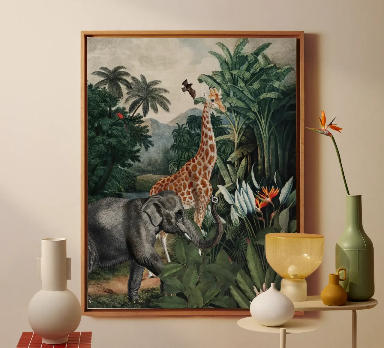 Vintage Afrikaanse safari jungle landschap met wilde dieren canvas met Baklijst van Vintage World - Uta Naumann