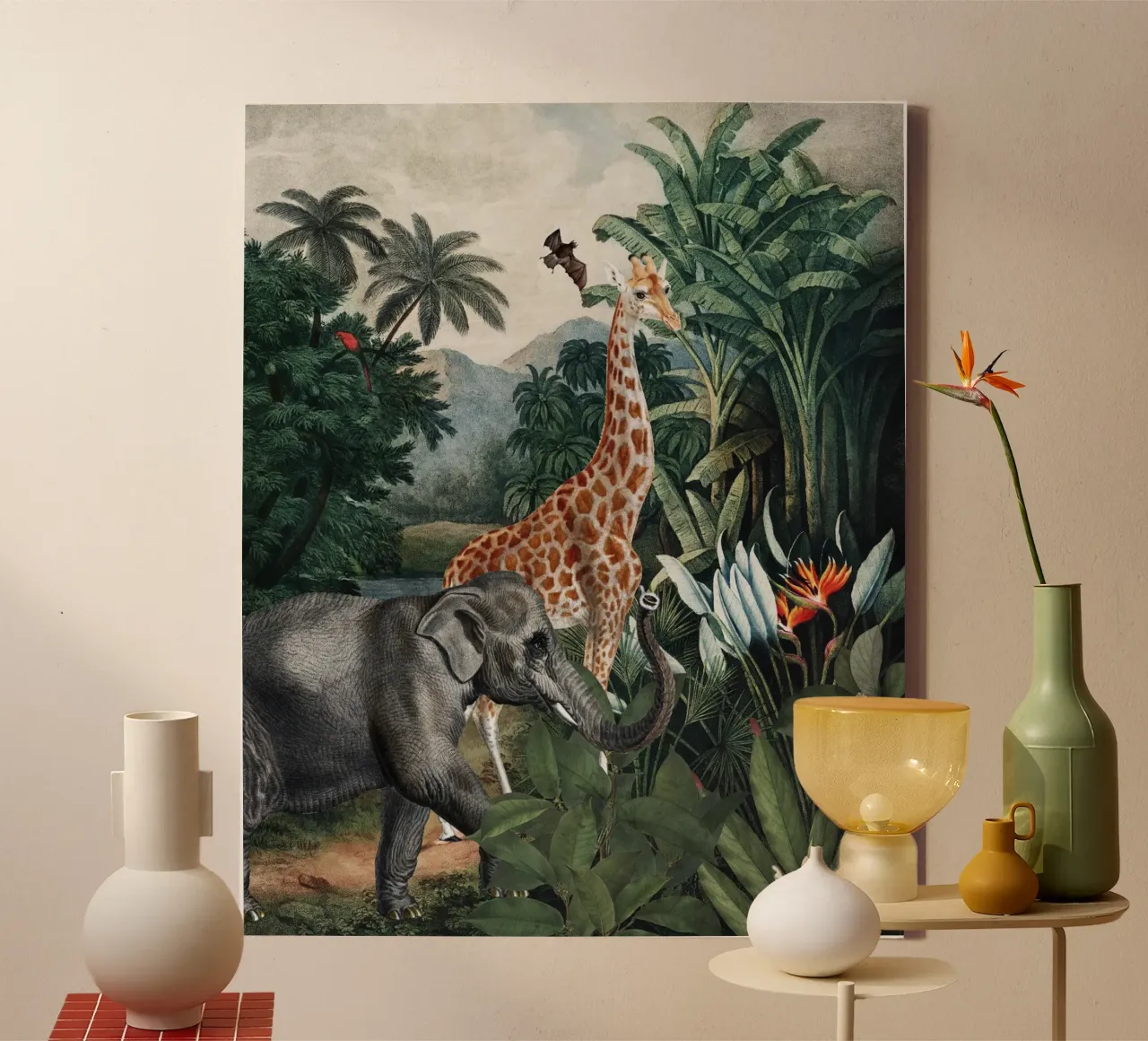 Vintage Afrikaanse safari jungle landschap met wilde dieren canvas met Baklijst van Vintage World - Uta Naumann