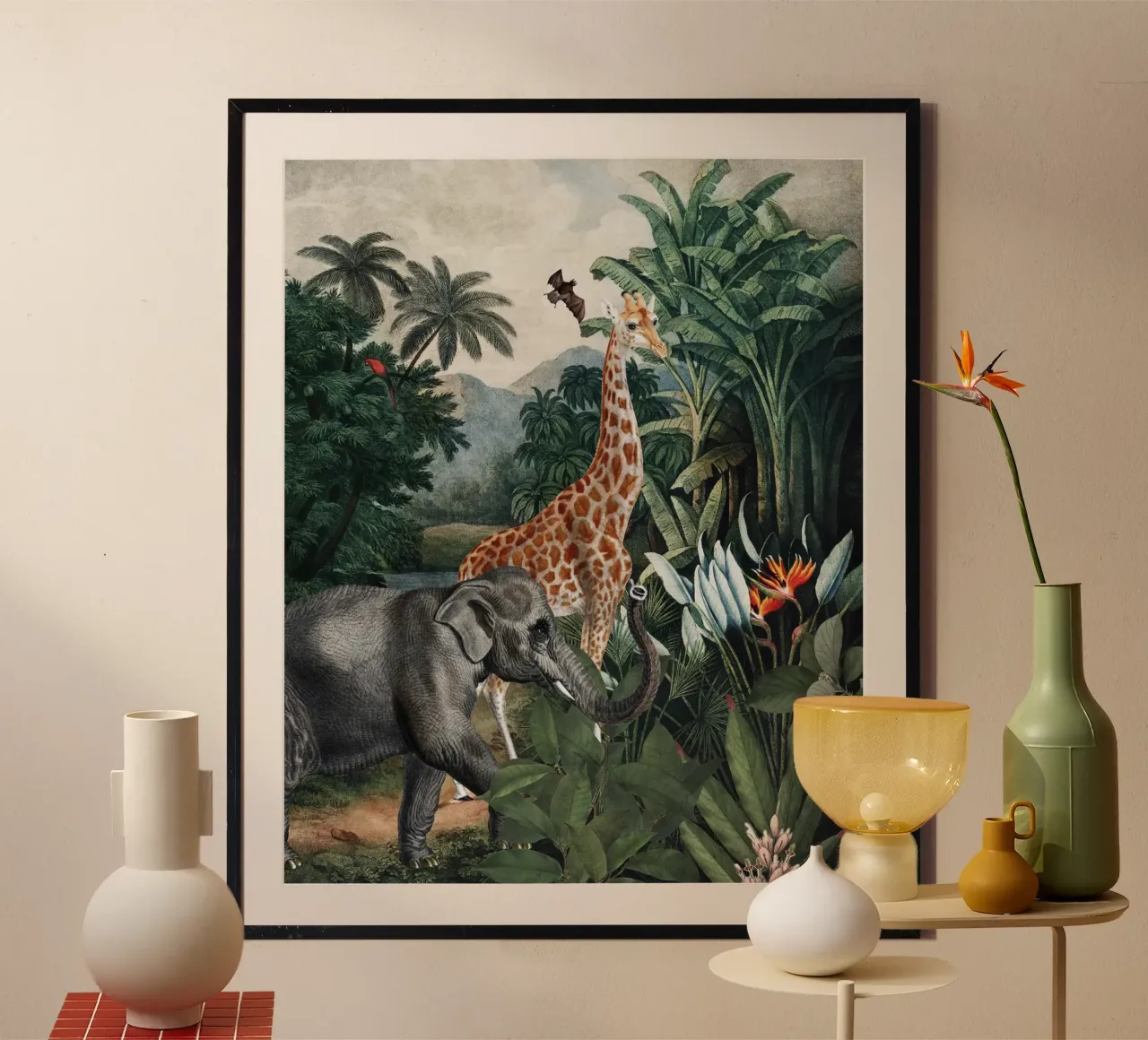 Vintage Safari africano paesaggio della giungla con animali selvatici poster con telaio in plastica da Vintage World - Uta Naumann