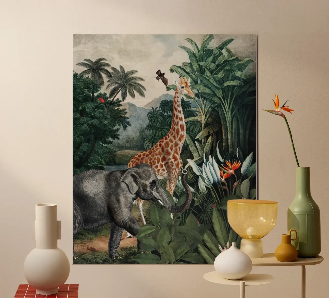 Vintage Safari africano paesaggio della giungla con animali selvatici poster con telaio in plastica da Vintage World - Uta Naumann