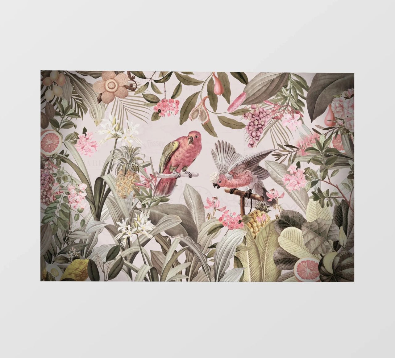 Cacatúas rosas en un paisaje selvático de safari tropical rosa papel para pared de Vintage World - Uta Naumann