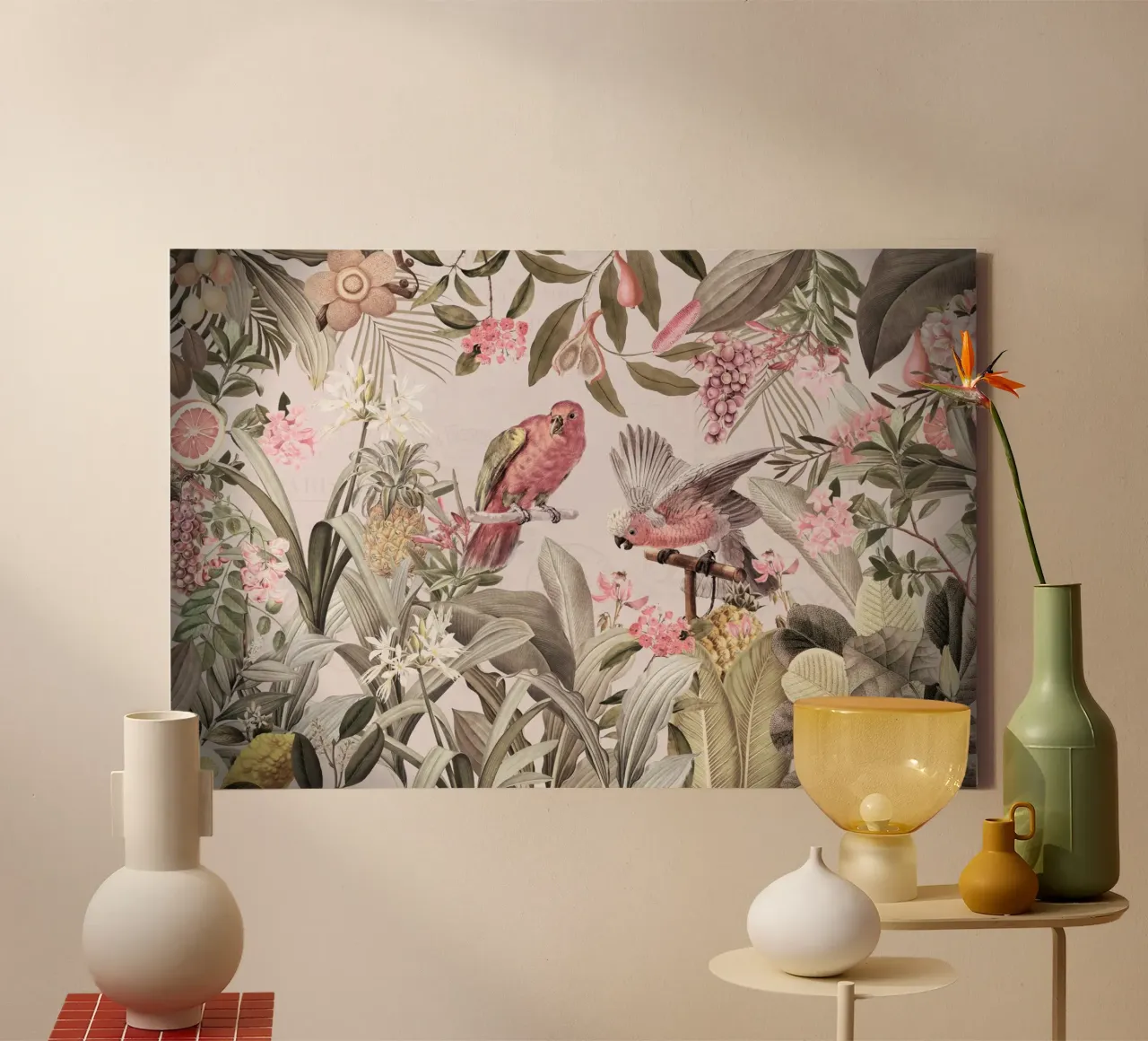 Cacatua rosa in un paesaggio di giungla rosa da safari tropicale tela con Cornice a cassetta da Vintage World - Uta Naumann
