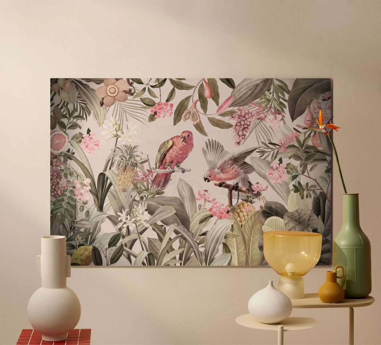 Cacatua rosa in un paesaggio di giungla rosa da safari tropicale poster da Vintage World - Uta Naumann