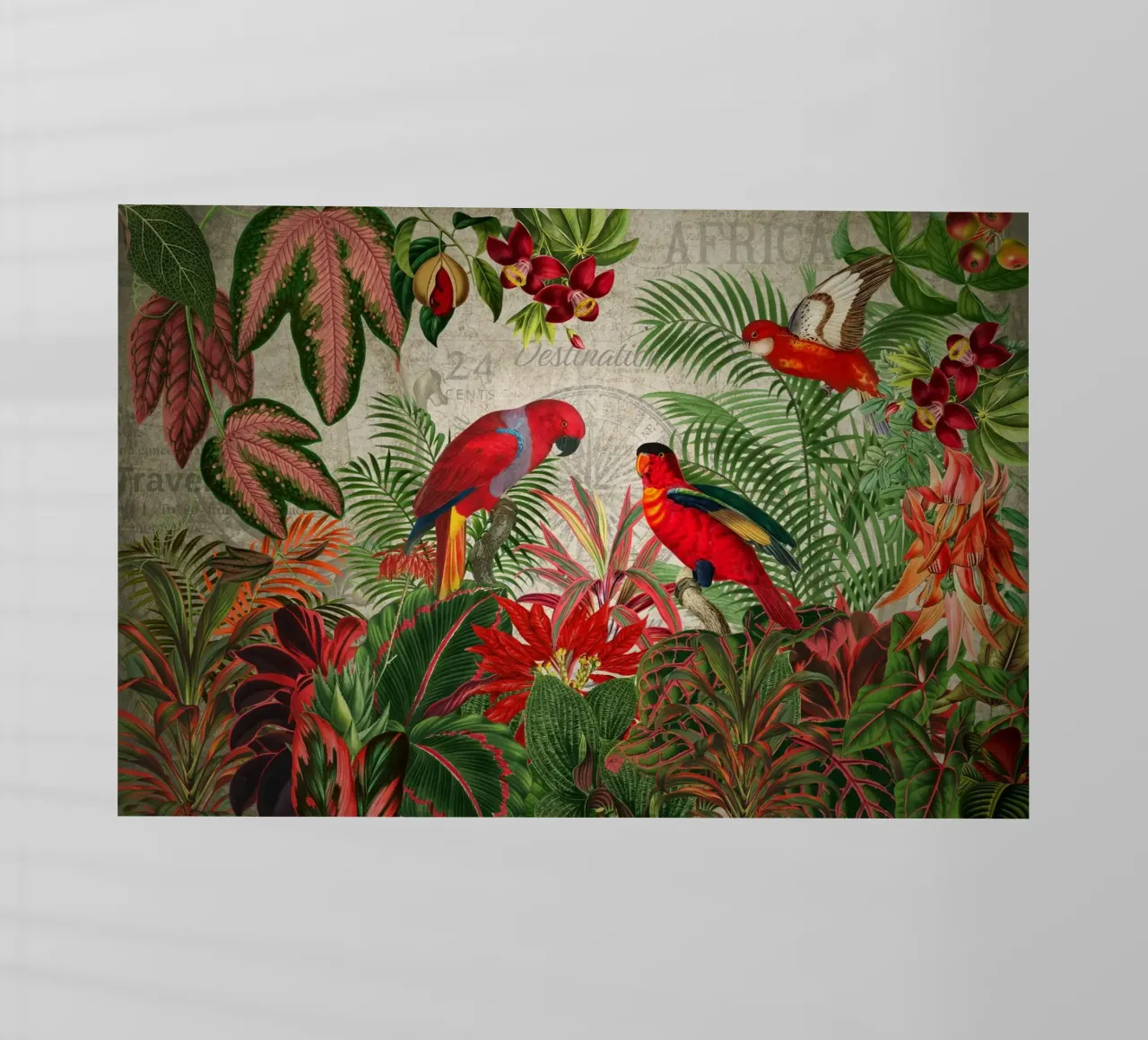 Giungla selvaggia tropicale vintage con cacatua rossi pellicola backlit da Vintage World - Uta Naumann